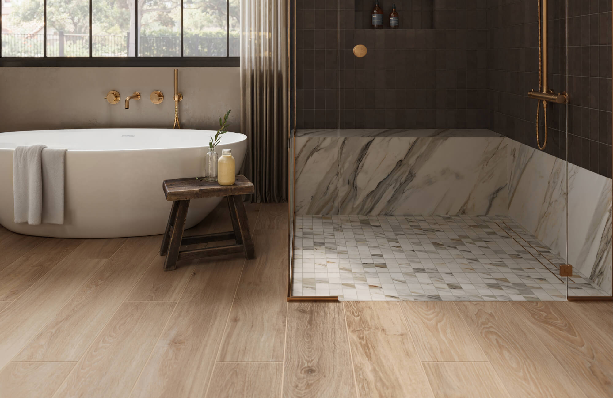 null A spa-like bathroom featuring warm wood look flooring, marble shower accents, and rich dark tiles for a serene, sophisticated retreat.
