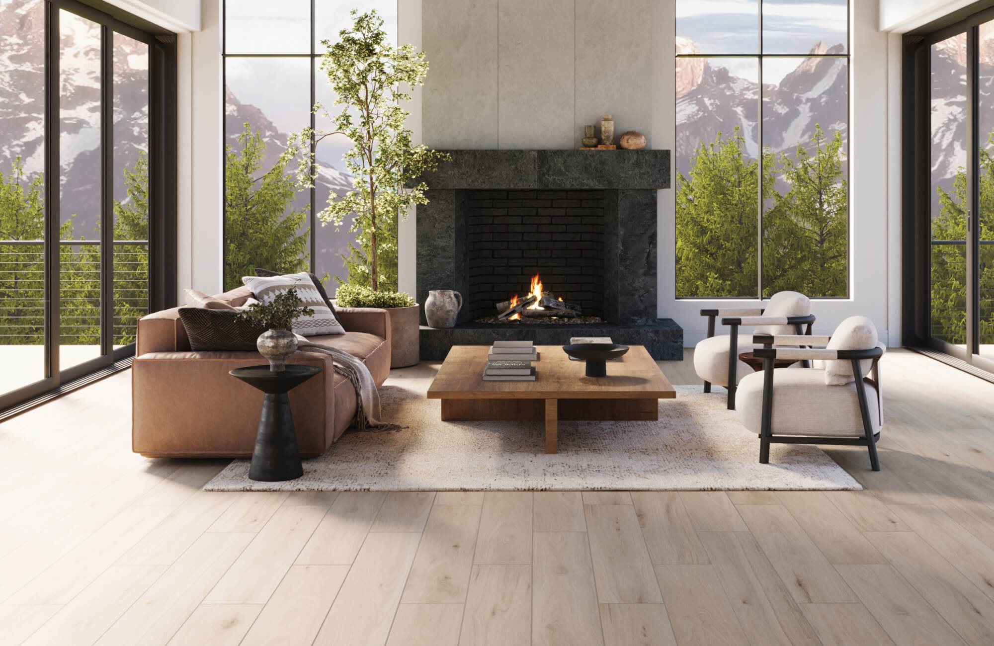 null Wide-plank light oak flooring with subtle wood grain, seamlessly paired with color-matching grout for a warm and natural aesthetic.