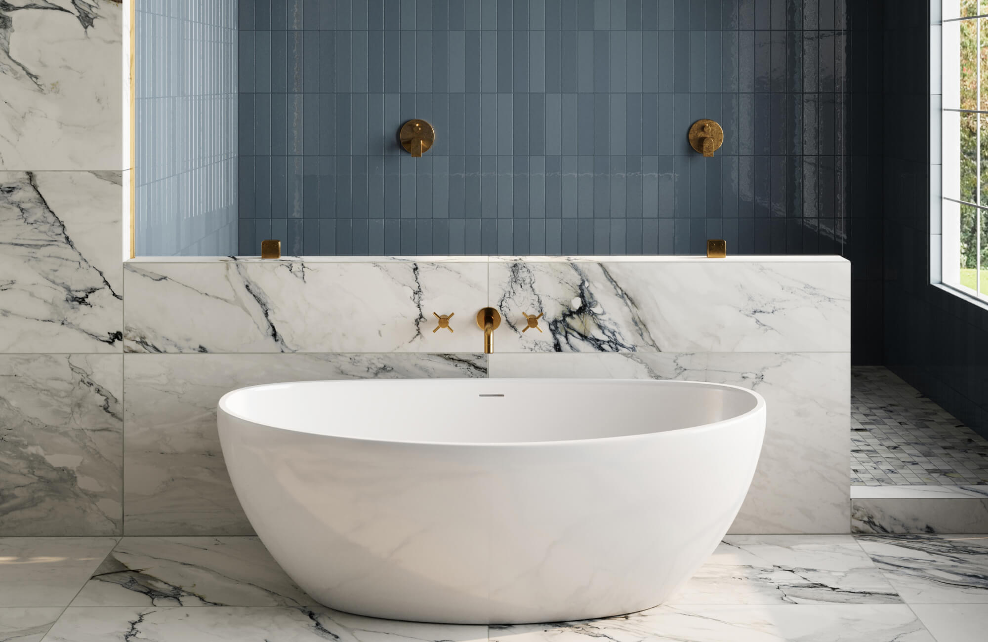 null Luxury bathroom with glossy denim-blue vertical subway tiles behind a freestanding white tub, dramatic marble-look slabs, brass fixtures, black framing, and a patterned shower floor.