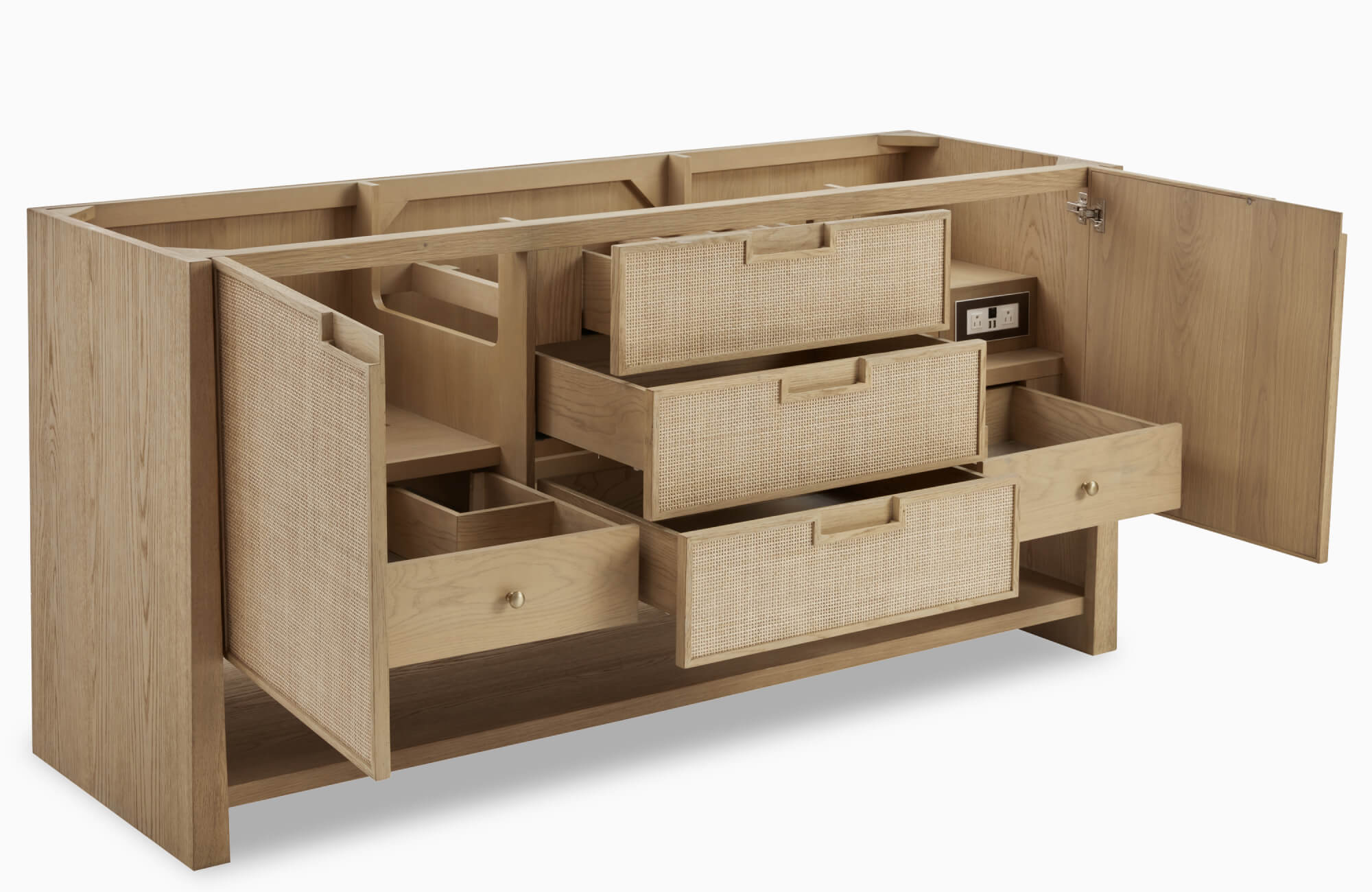 null Natural oak vanity with open drawers and cabinets, showcasing rattan fronts, interior compartments, and built-in outlets.