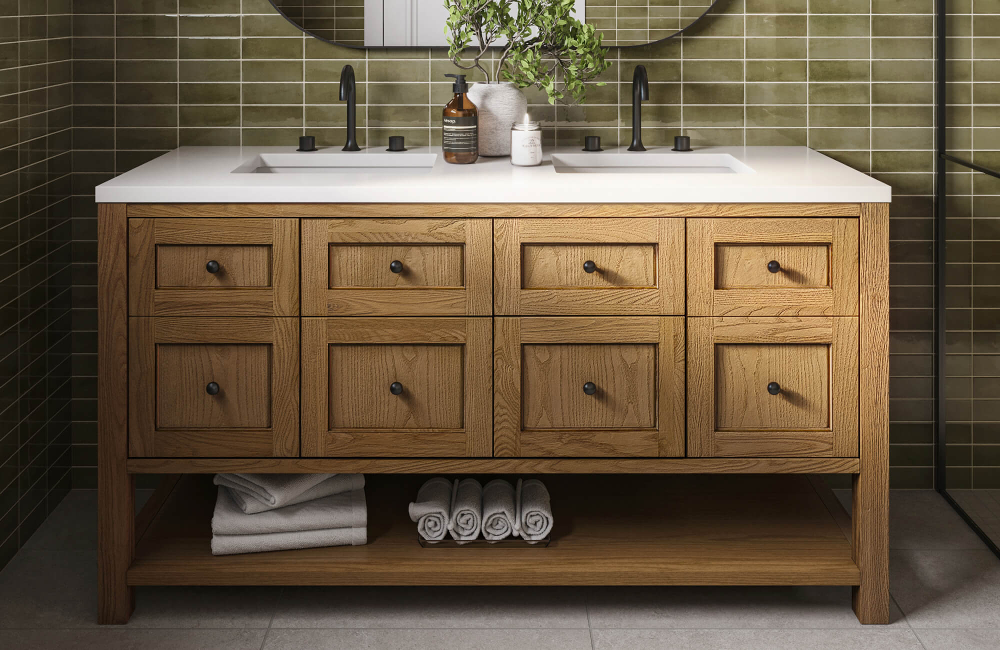 null Rustic oak vanity with matte black hardware, white countertop, and olive green subway tile backsplash.
