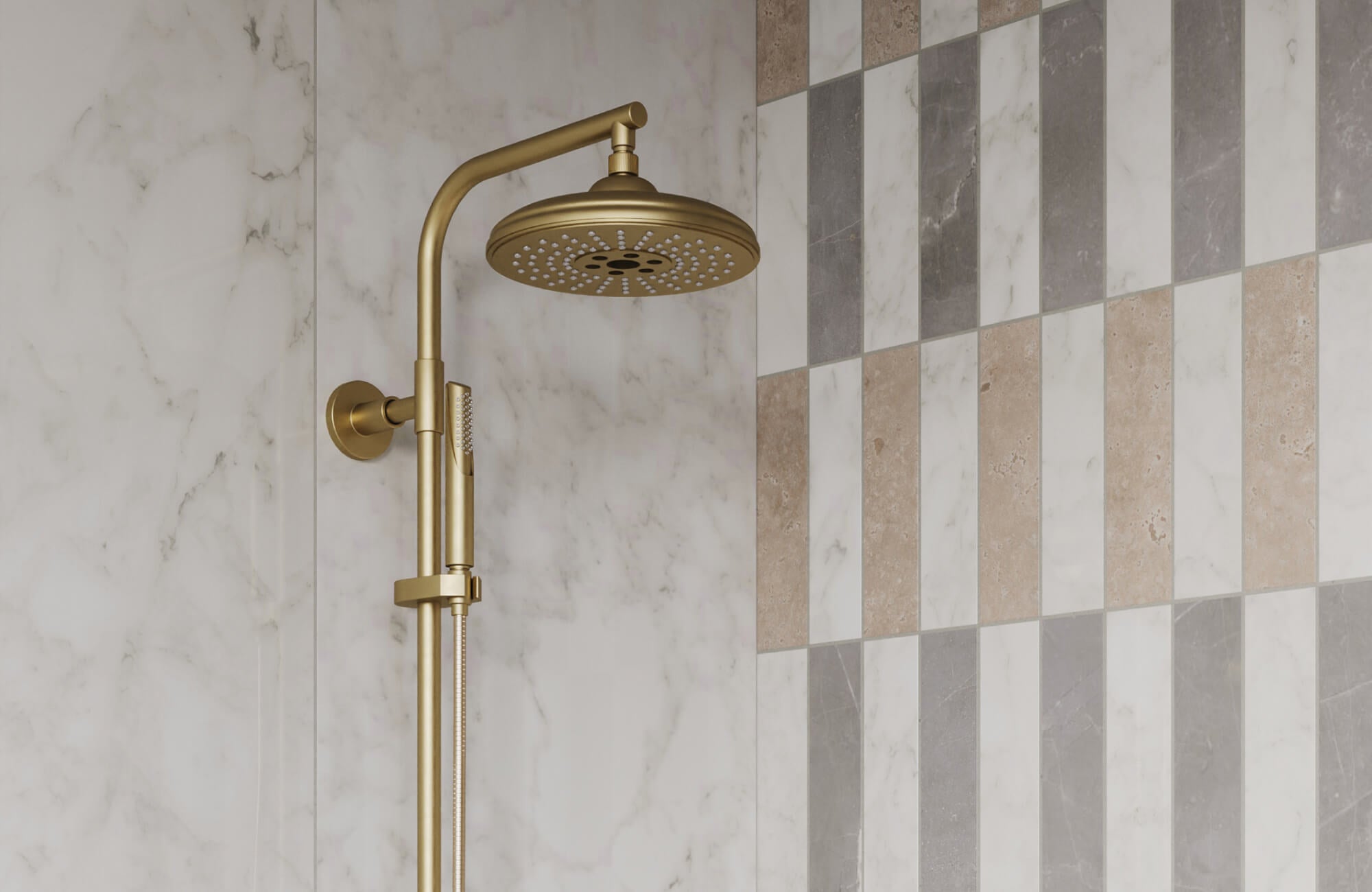 null Shower wall with Carrara marble look tile and vertical accent mosaic in gray and beige tones paired with a gold rainfall shower fixture.