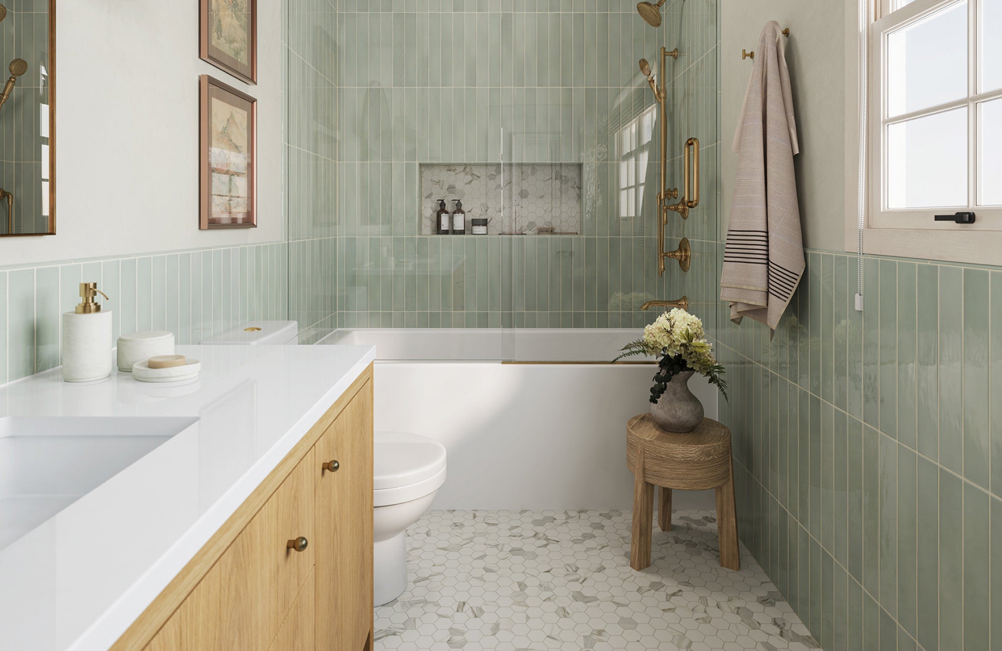A bright bathroom with green wall tiles and hexagon flooring showing how durable tiles perform in humid spaces.
