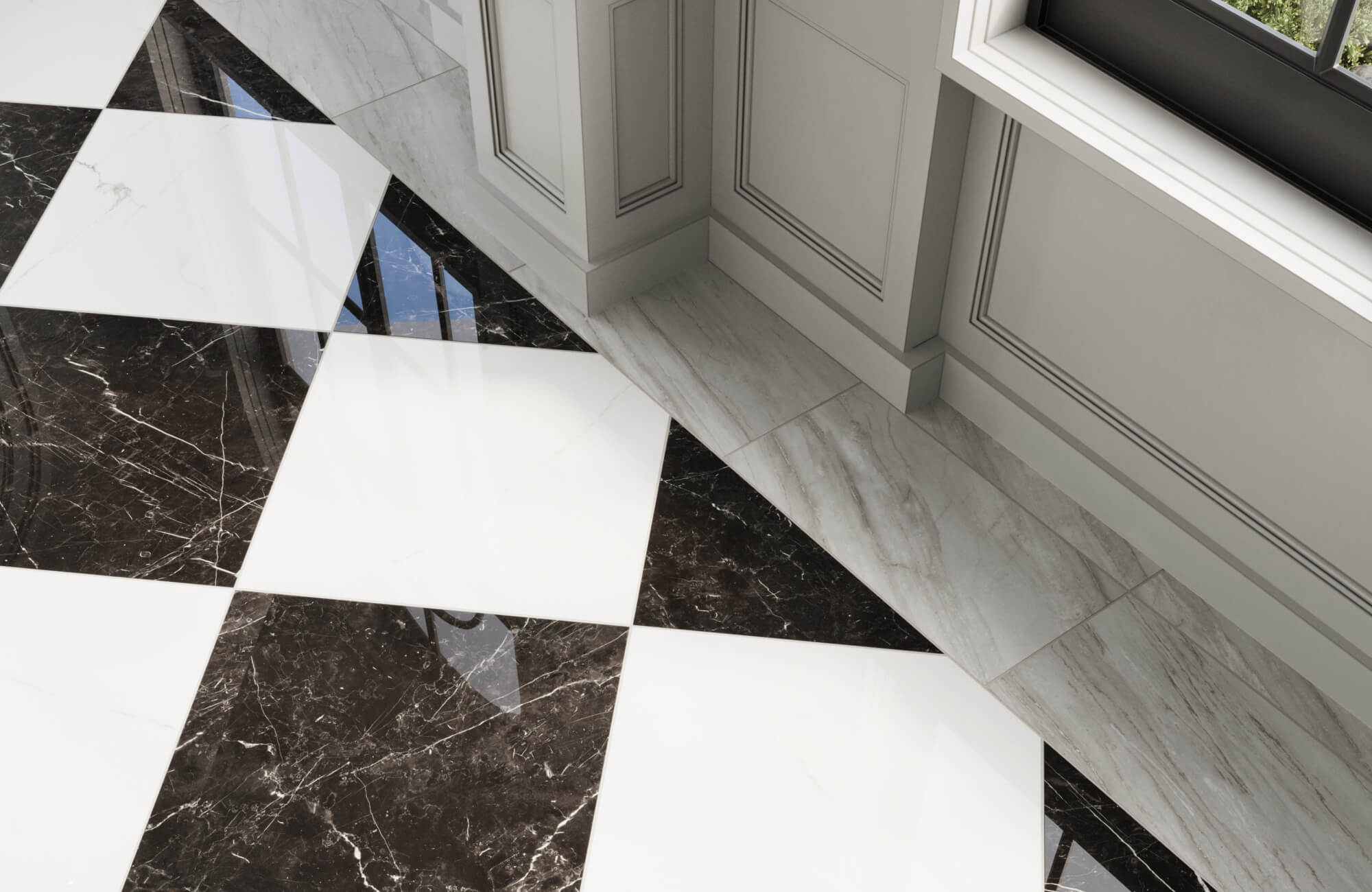 Glossy black and white checkered floor tiles crafted from porcelain with a luxurious marble look finish, perfectly complementing the elegant wainscoting and modern window design
