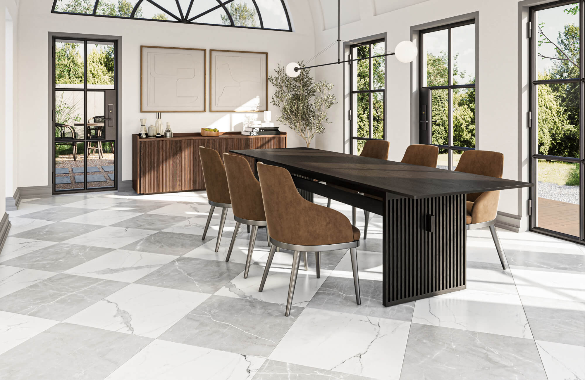 Spacious dining room with large windows, featuring elegant gray and white checkered floor tiles, modern furniture, and abundant natural light