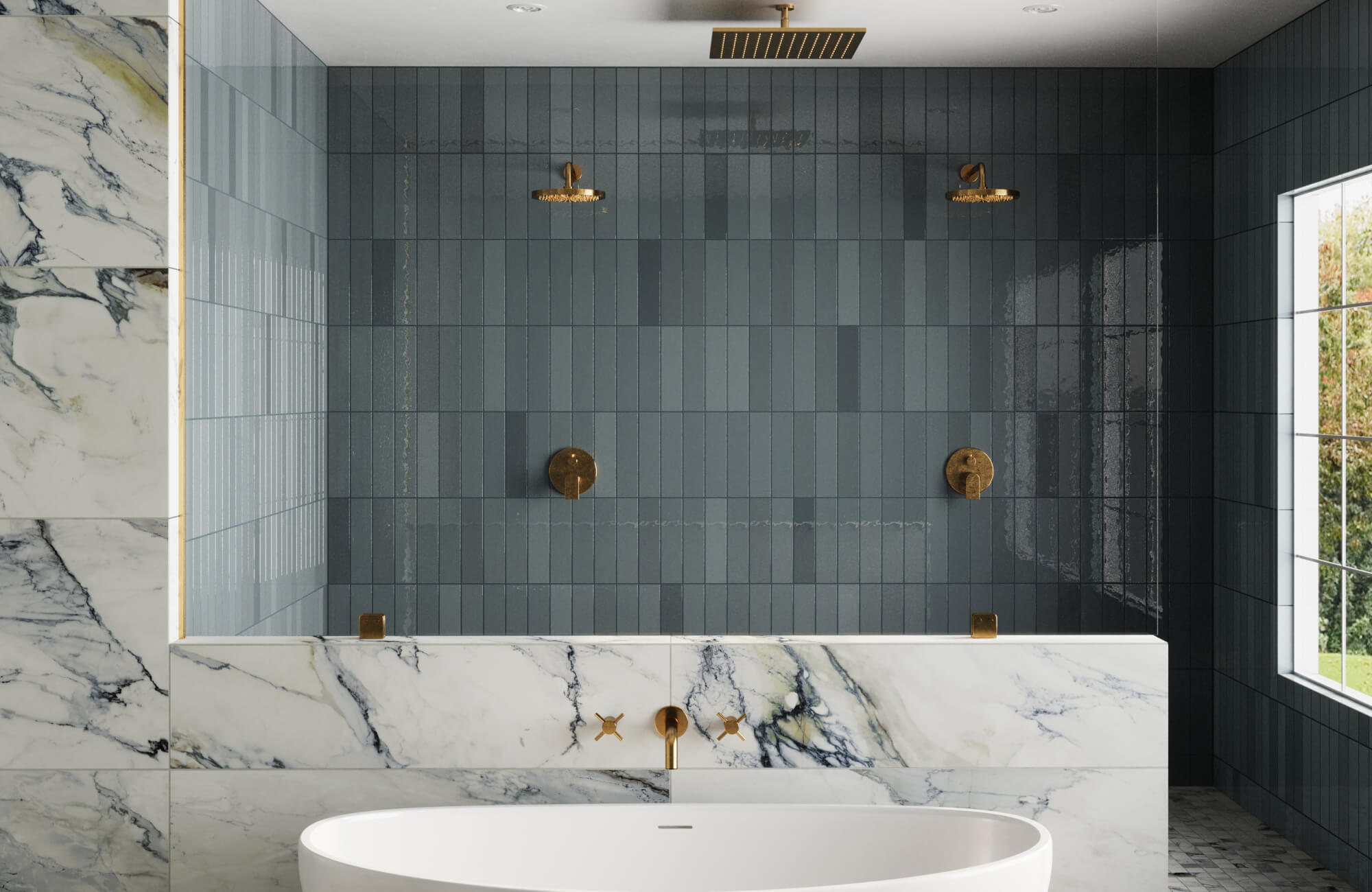 null Luxurious bathroom with glossy blue subway tiles, elegant gold fixtures, and marble look tile accents, featuring a freestanding tub for a sophisticated spa-like retreat.