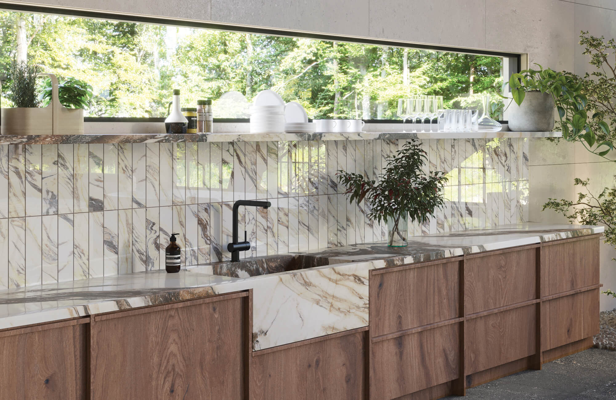 null Modern kitchen featuring elegant marble-look subway tiles, paired with natural wood cabinets and a sleek black faucet, creating a harmonious blend of luxury and nature.