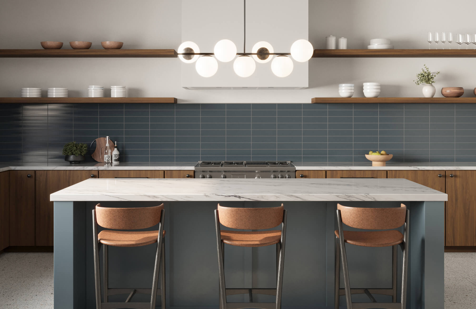 Modern kitchen with long horizontal blue subway tile backsplash in a stacked layout, featuring a matte finish, wood cabinetry, marble island, and contemporary globe pendant lighting.