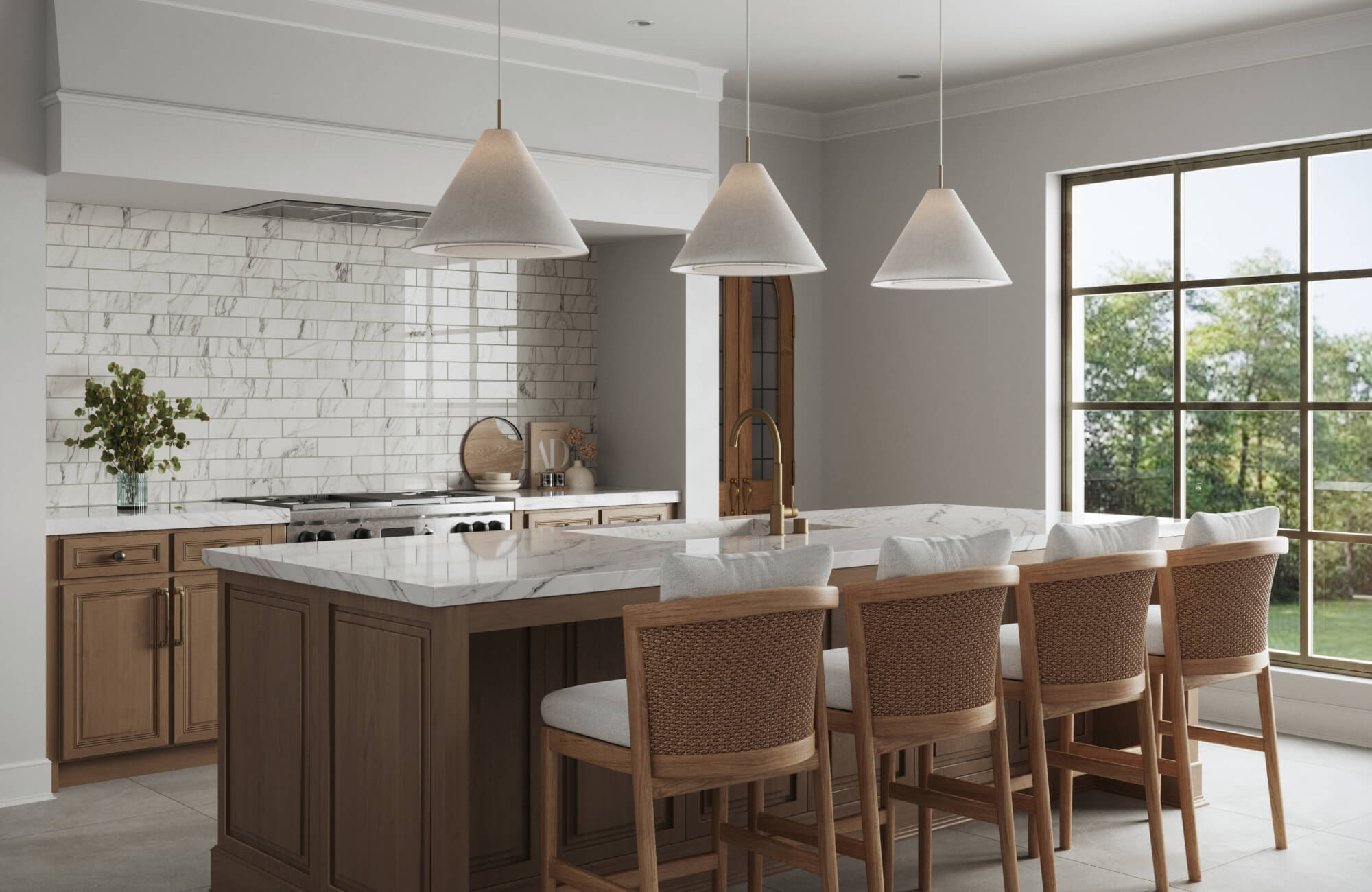 Modern transitional kitchen with marble-look subway tile backsplash in a horizontal brick pattern, featuring glossy finish, wood cabinetry, waterfall marble island, and pendant lighting.