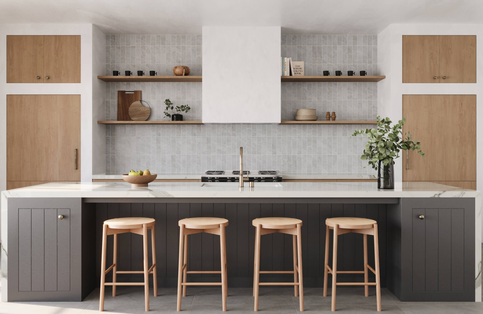 Modern Scandinavian kitchen with vertically stacked narrow subway tile backsplash in light gray, featuring a matte finish, open wood shelving, white range hood, and minimalist wood cabinetry.