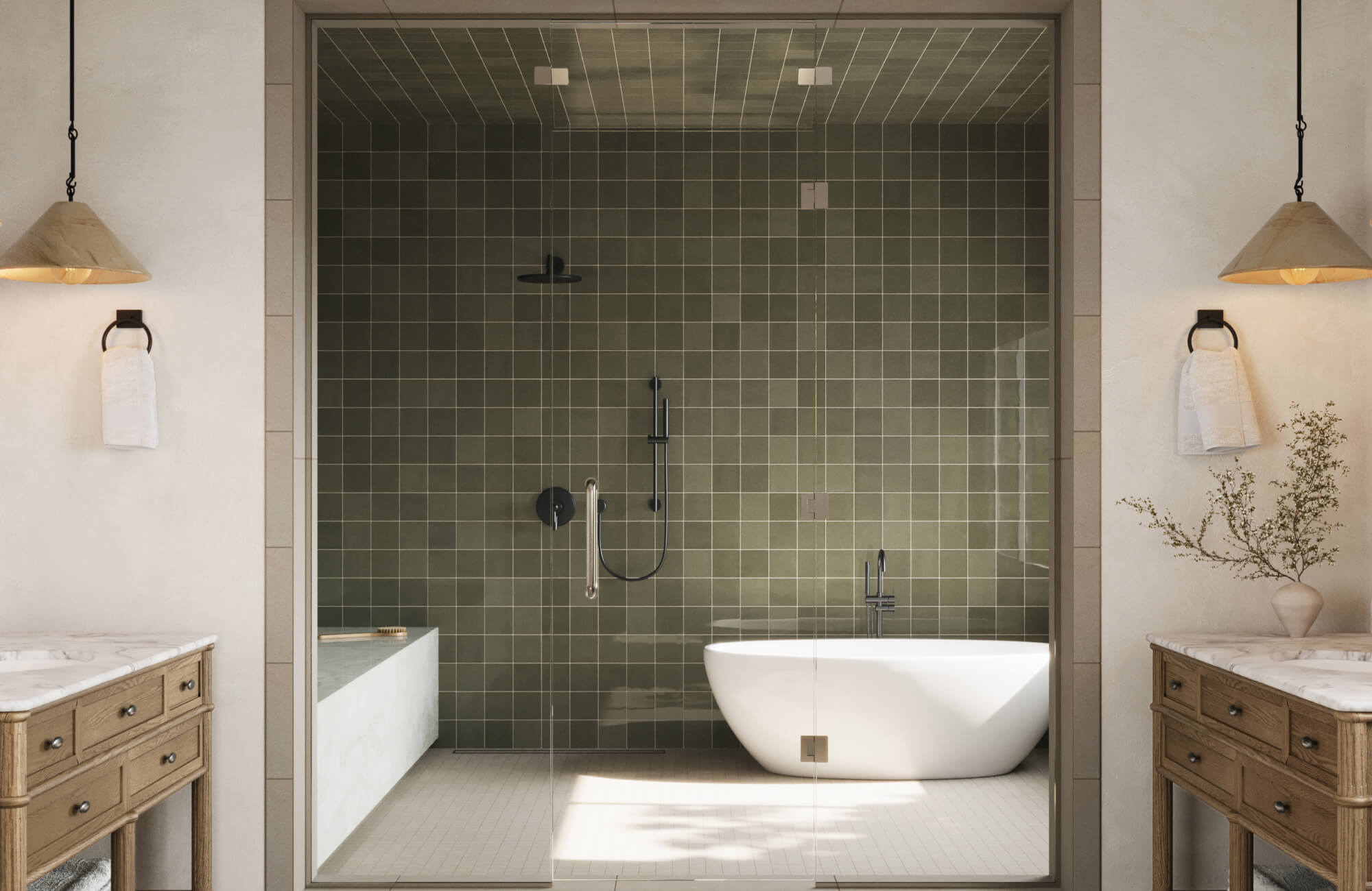 Muted olive green matte subway tiles in a spa-style bathroom with black fixtures and natural wood vanities.