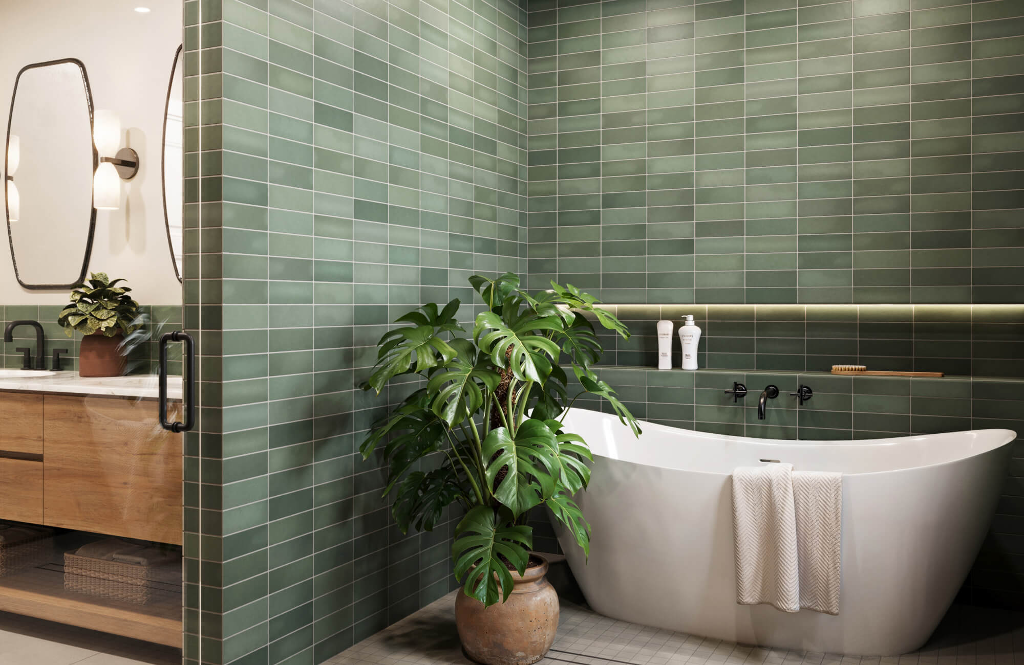 Earthy green matte subway tiles paired with warm wood tones and indoor plants for a soft, calming environment.