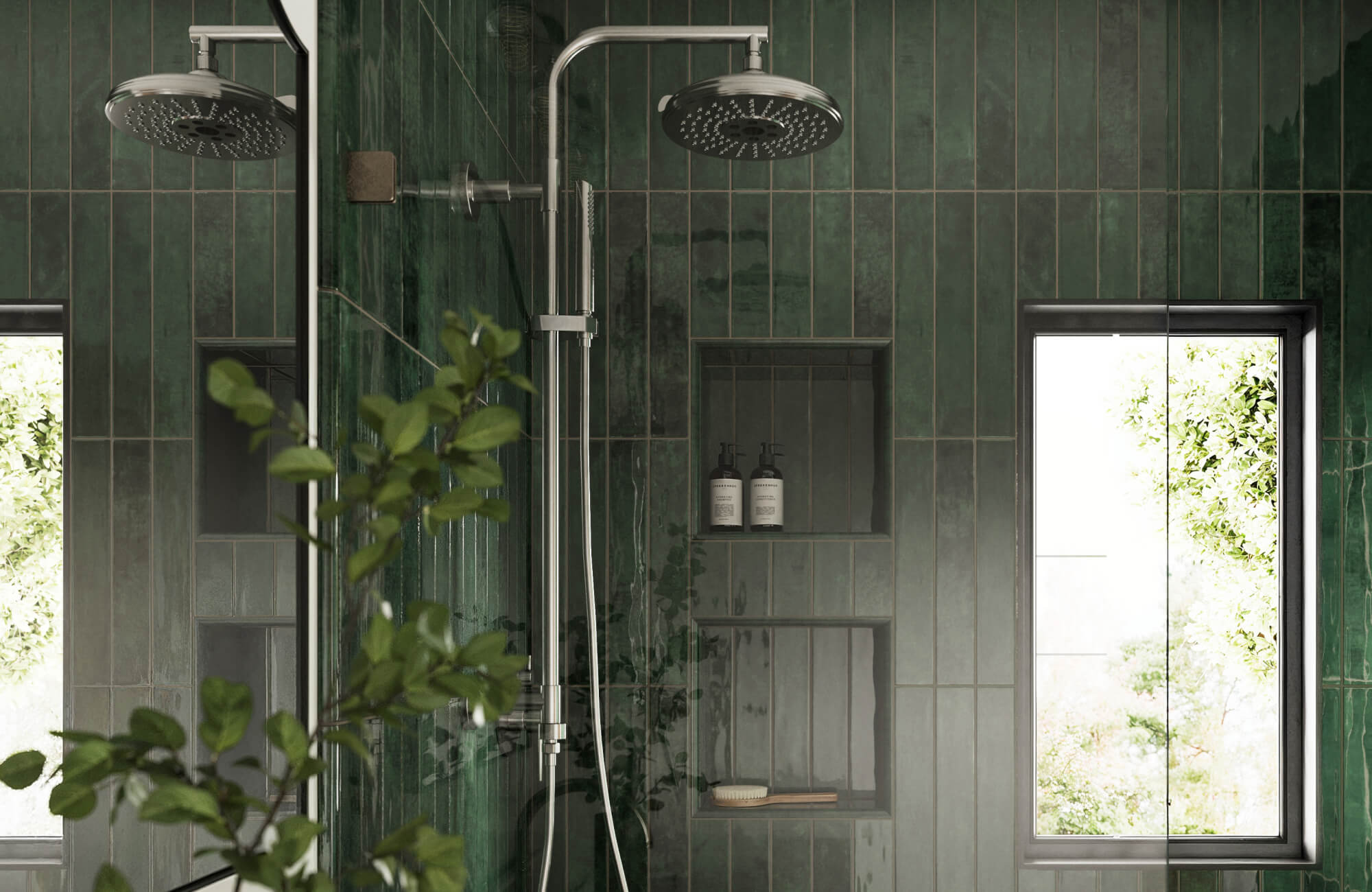 Bold, deep green glossy subway tiles with brushed silver fixtures and a steamy window for a rich, immersive shower space.