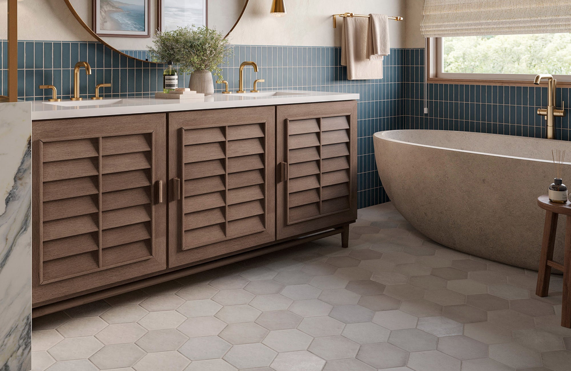 null Neutral mid-sized hex tile bathroom floor complementing a wood vanity and freestanding stone bathtub
