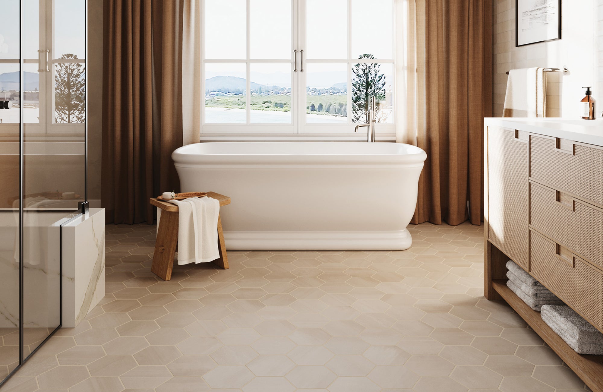 null Light beige large hex tile bathroom floor adding openness and warmth beneath a freestanding tub.