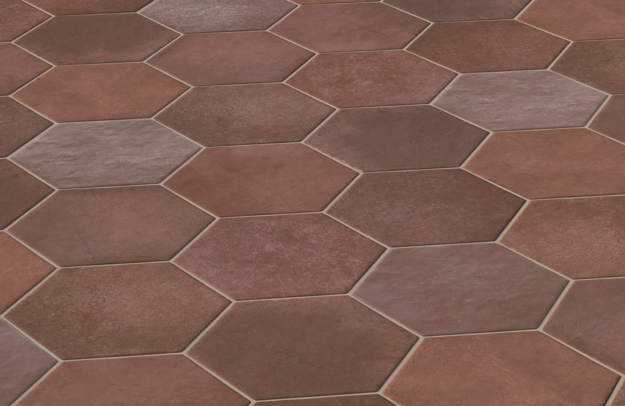 null Red and terracotta hex tile floor in mixed shades, highlighting texture and variation for a bold, rustic look.