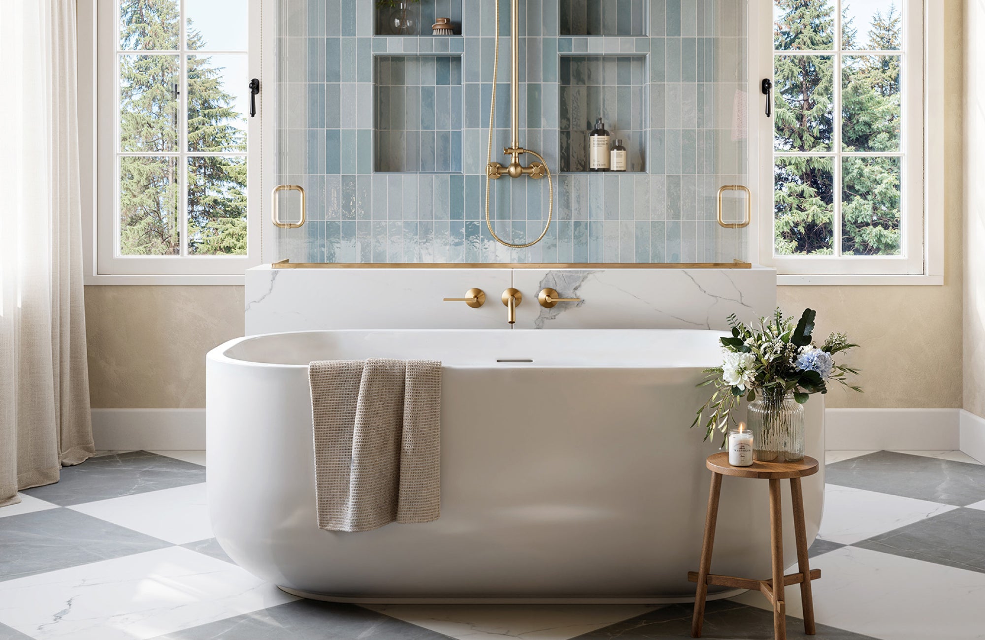 Light blue vertical subway tile shower paired with checkerboard floor tiles, balancing classic charm with modern style.