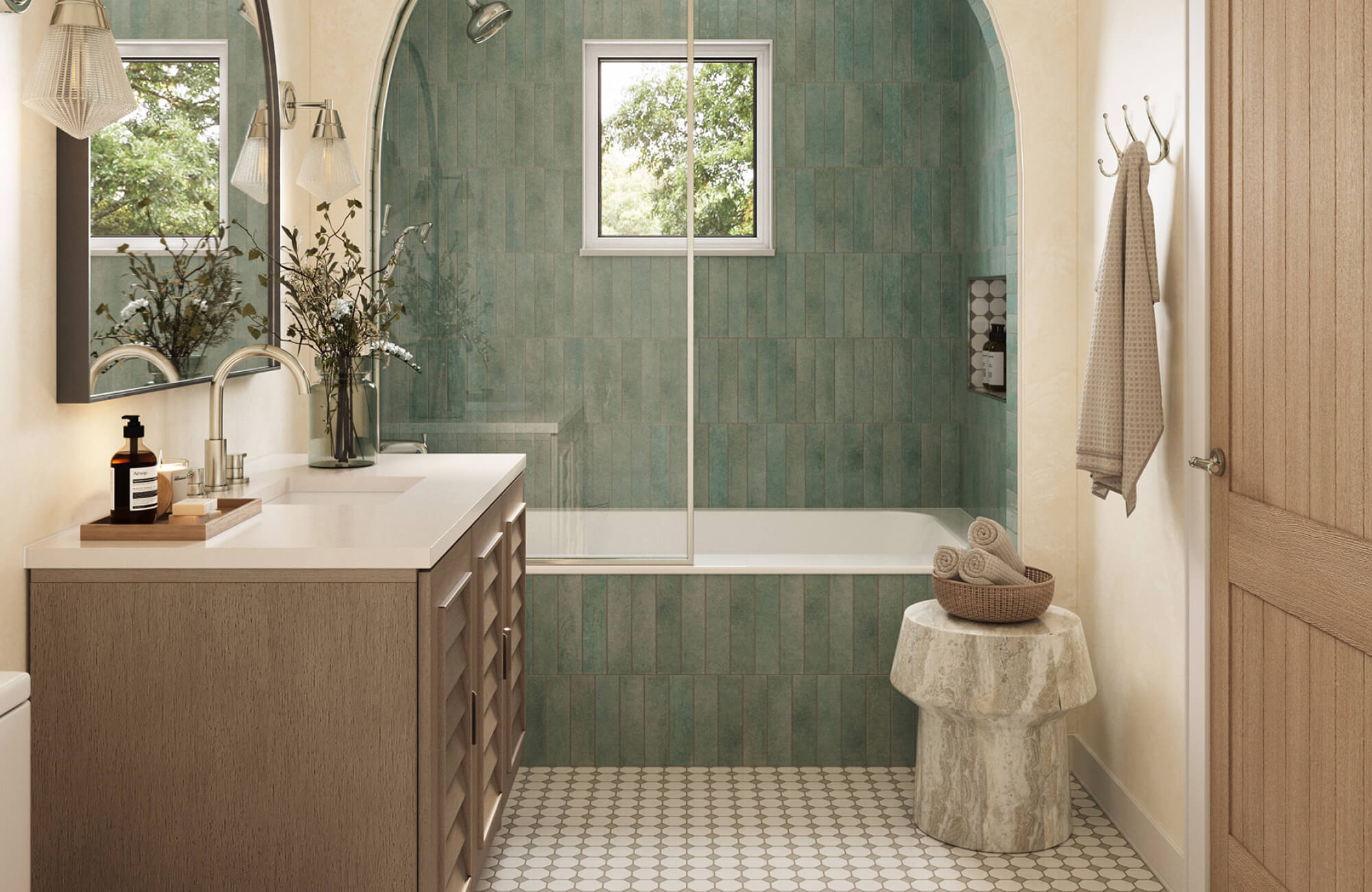 Modern bathroom tile design featuring seafoam green glossy bathroom wall tiles in a vertical stacked layout, paired with mosaic bathroom floor tiles, wood vanity, and soft neutral finishes for a spa-like bathroom interior.