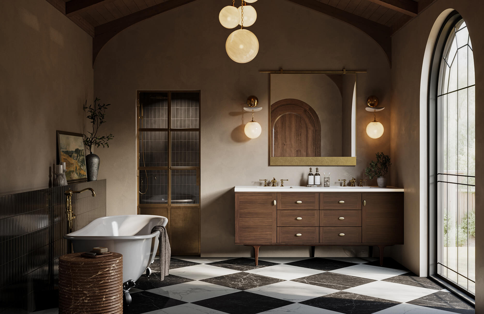 Classic bathroom tile design featuring black and white checkerboard bathroom floor tiles, paired with a freestanding bathtub, wood vanity, and warm lighting for a timeless elegant bathroom interior.