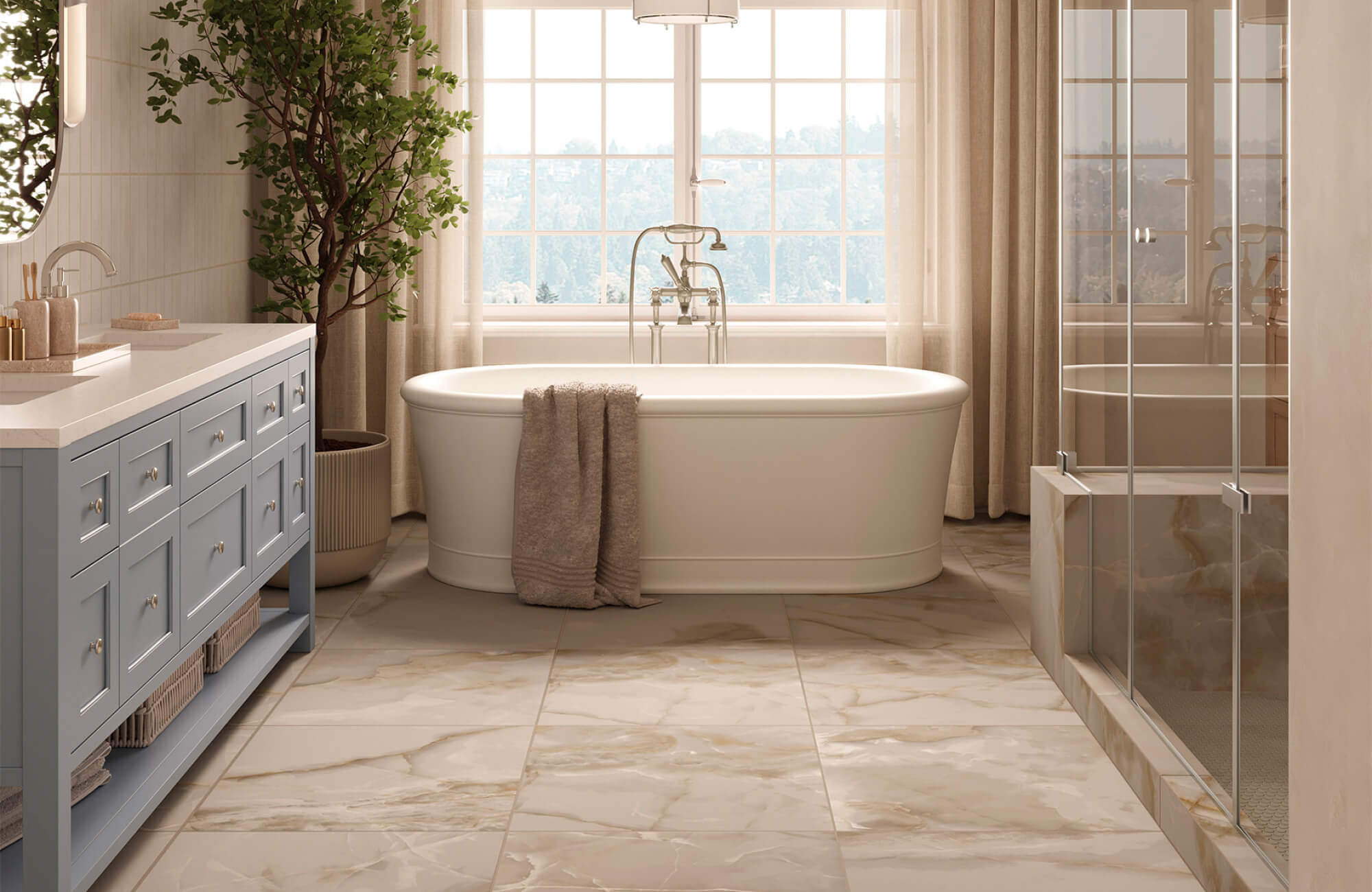 Measuring large format bathroom tiles before installation using tools, highlighting accurate bathroom tile layout planning and proper tile installation preparation.
