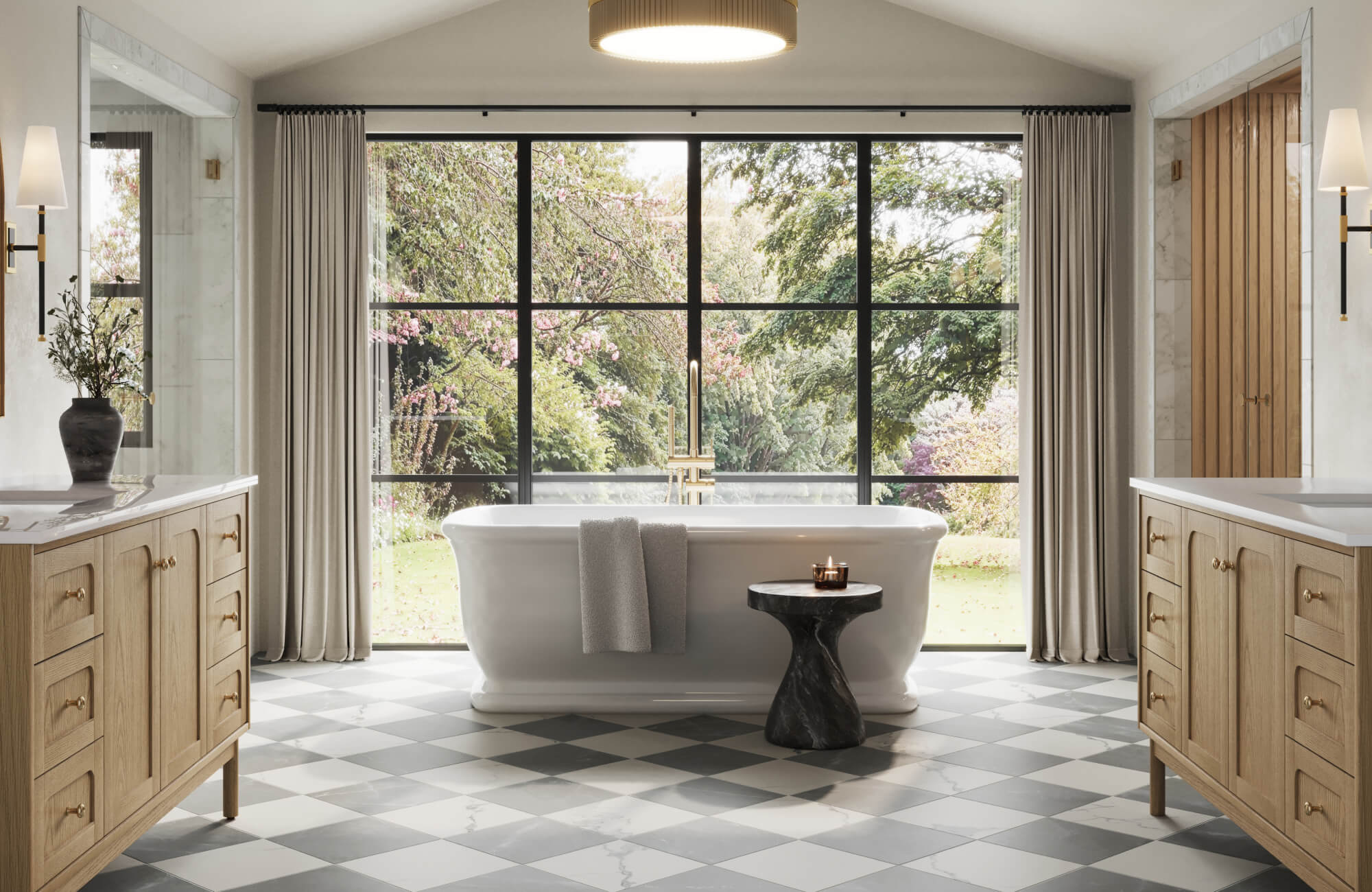 null A serene, light-filled bathroom features a freestanding soaking tub, warm wood vanities, patterned tile flooring, and expansive garden views, showcasing the refined elegance of a high-end bathroom renovation.