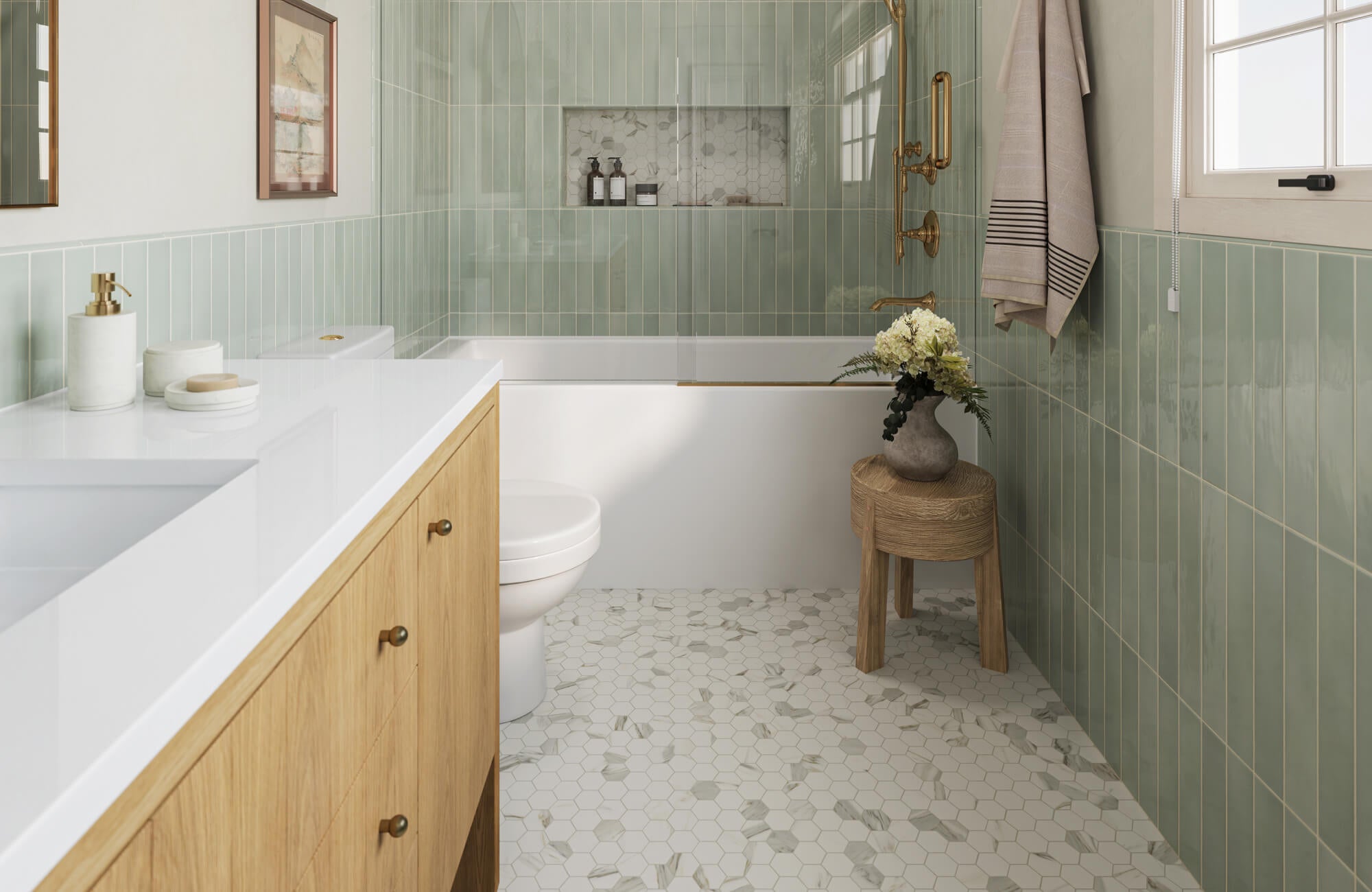 null Bright bathroom with soft green vertical wall tile, white hexagon marble floor tile, warm wood vanity, and a tub-shower combo with brass fixtures and built-in niche.
