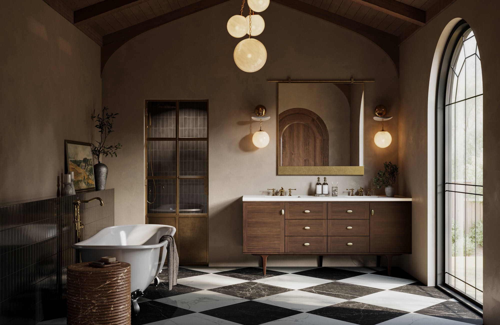 null A moody, upscale bathroom with a freestanding tub, rich wood vanity, arched window, and statement lighting captures the dramatic elegance achieved through a bespoke bathroom renovation.