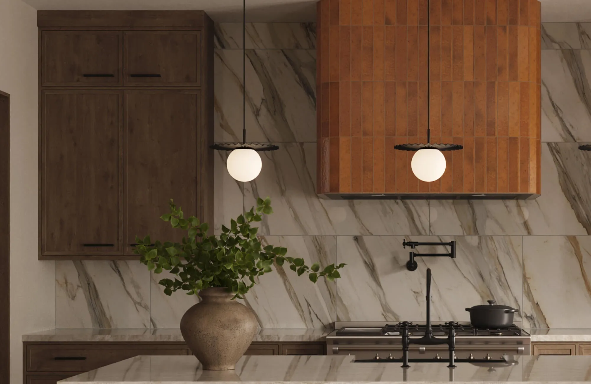 A warm contemporary kitchen features dark wood cabinetry, veined stone surfaces, and a large ceramic vase filled with leafy greenery arranged on a spacious island.