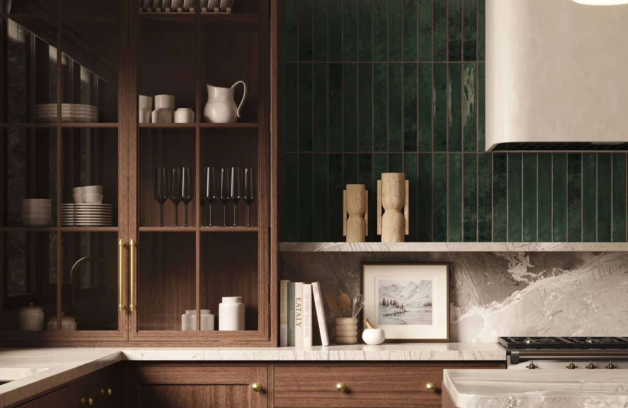 null Two sculptural stone vessels displayed on a marble countertop create contrast against deep green vertical tile and rich wood cabinetry.