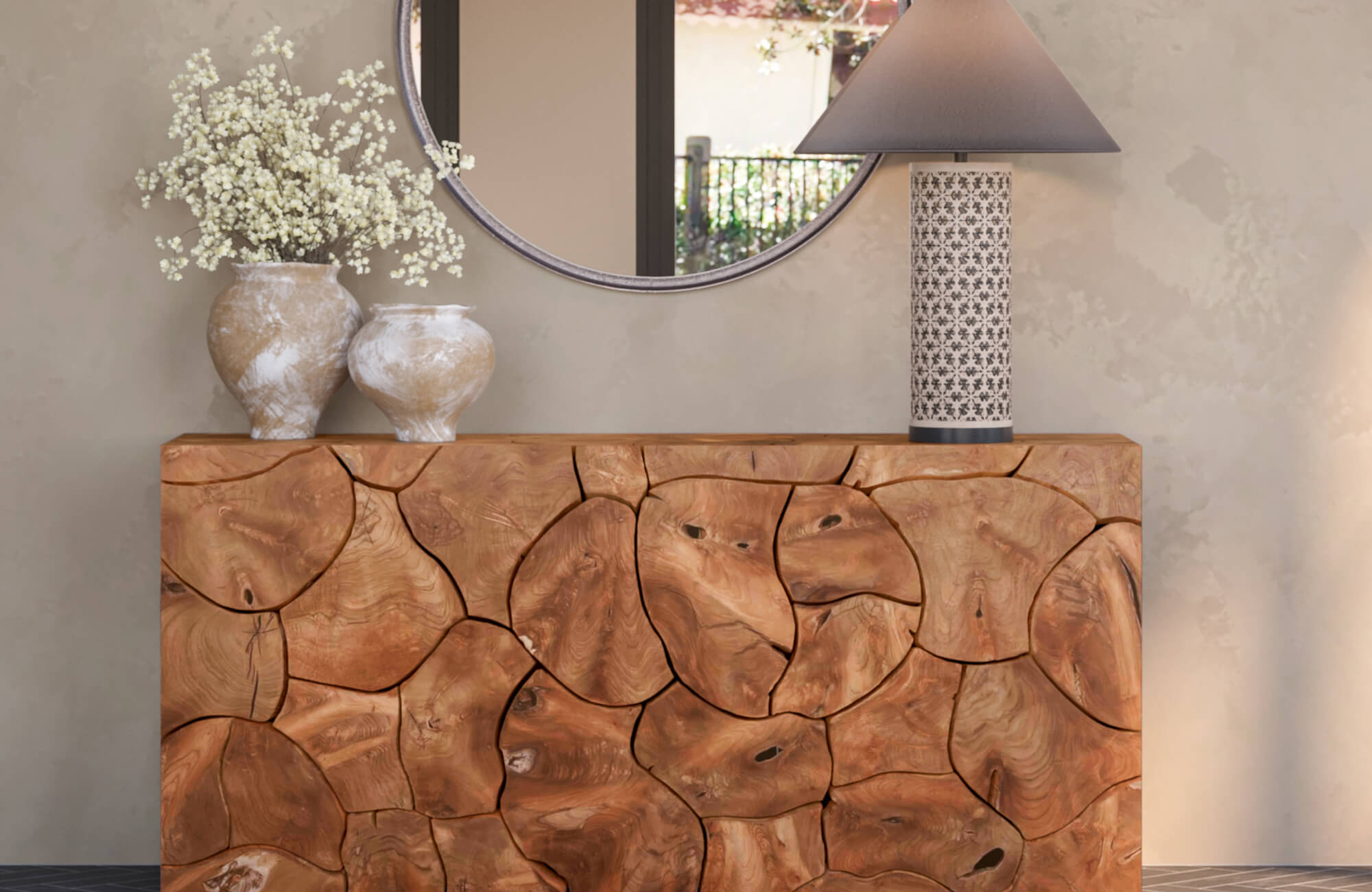 null Two weathered ceramic vessels styled beside a patterned table lamp on a sculptural wood console create a balanced and inviting display.