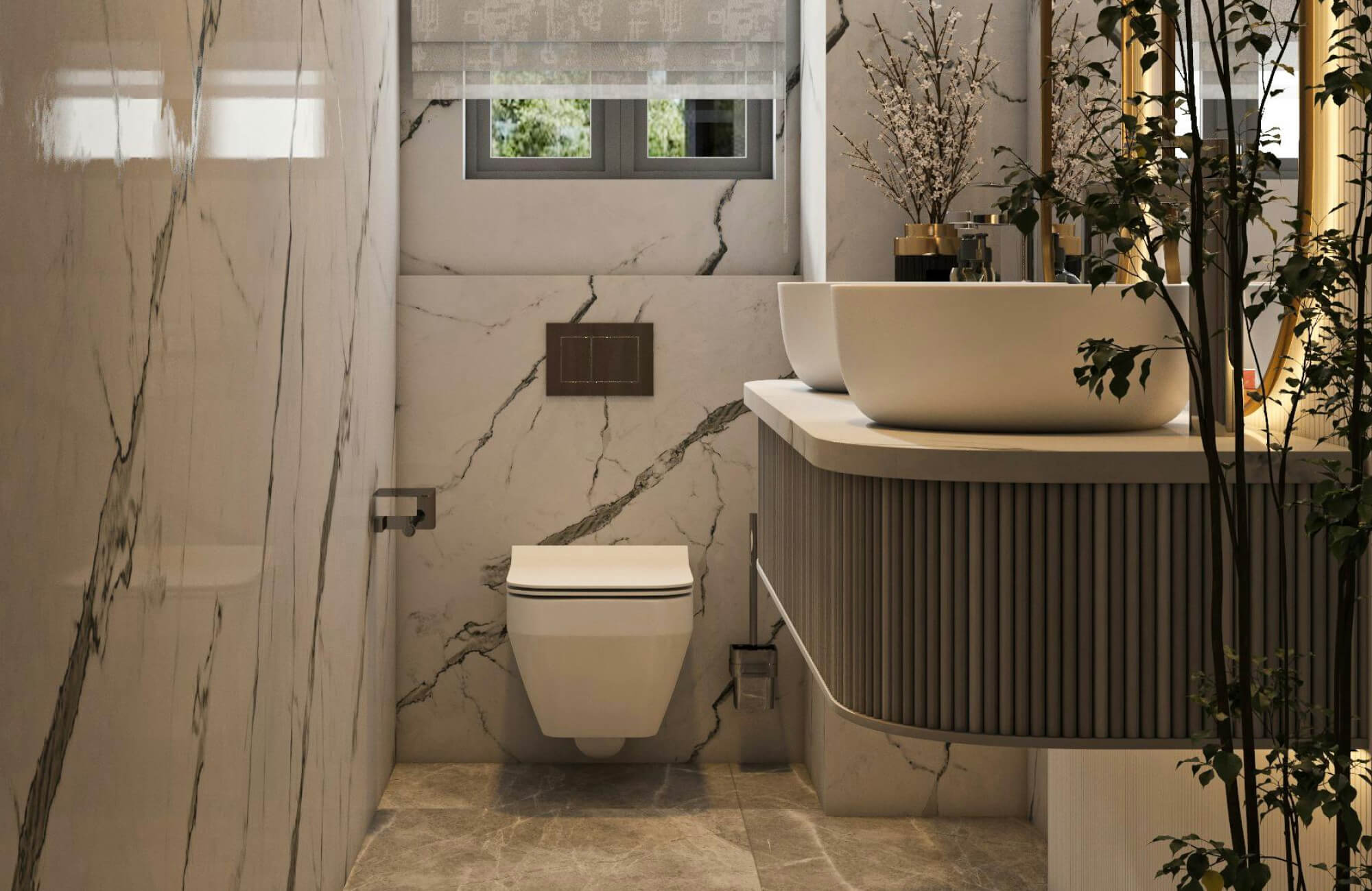 null Stylish curved corner vanity with vessel sink, marble wall finish, and gold accents in a narrow modern bathroom.