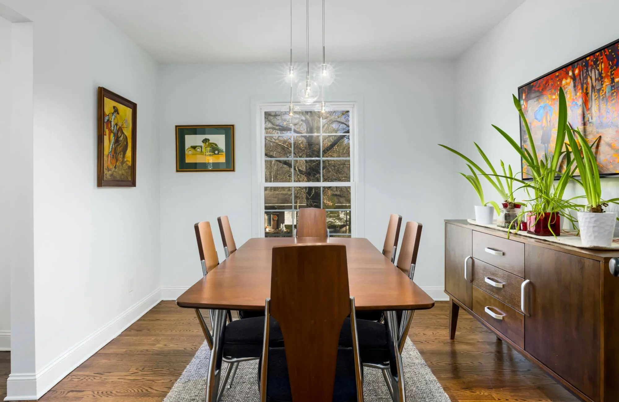 Contemporary dining room lighting showcases a cluster of clear glass globe pendant lights suspended above a warm wood dining table.