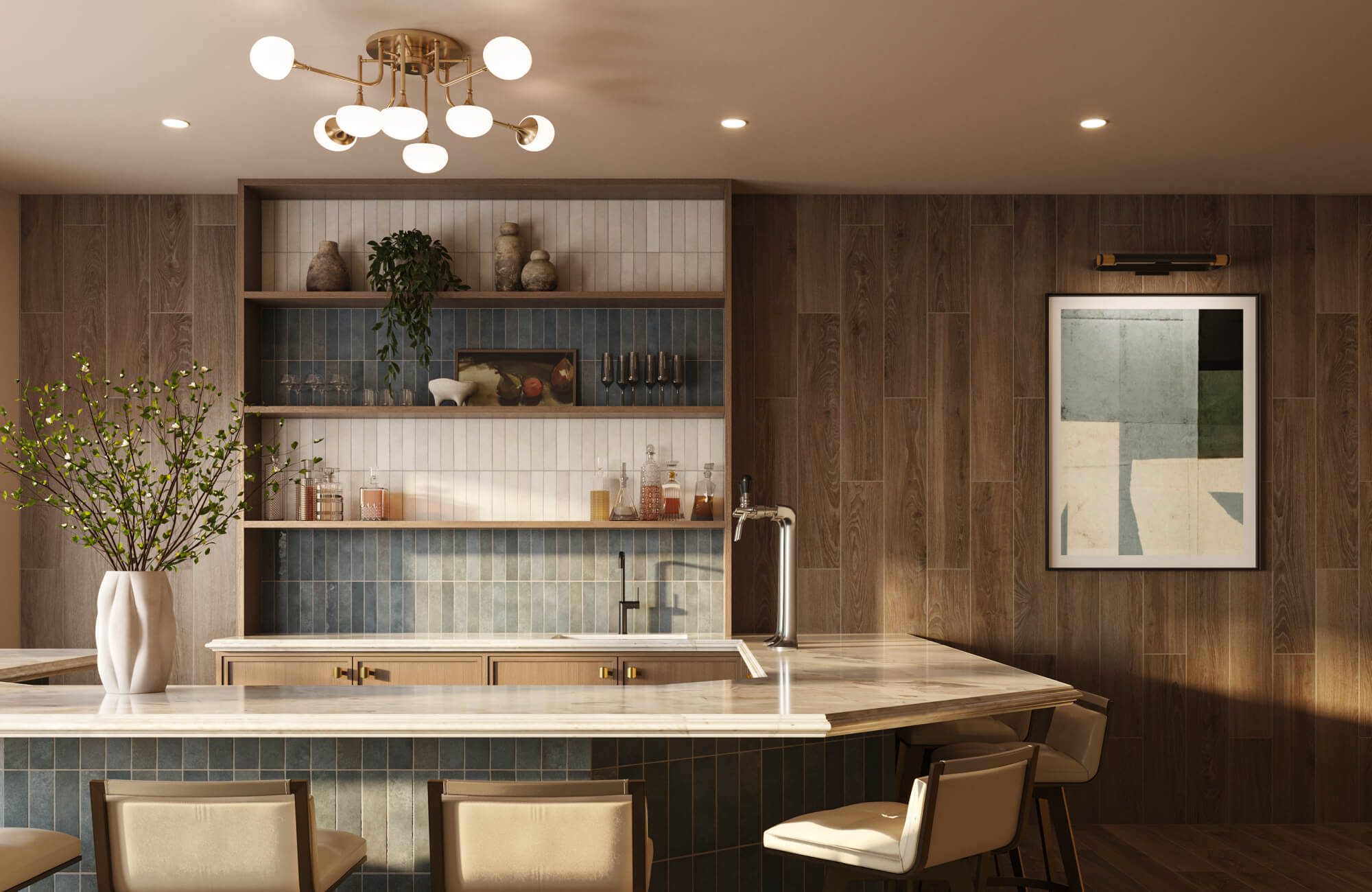 Modern dining room lighting is defined by a brass semi-flush chandelier with multiple opal globe bulbs, delivering warm ambient illumination that complements the rich wood finishes and refined contemporary setting.