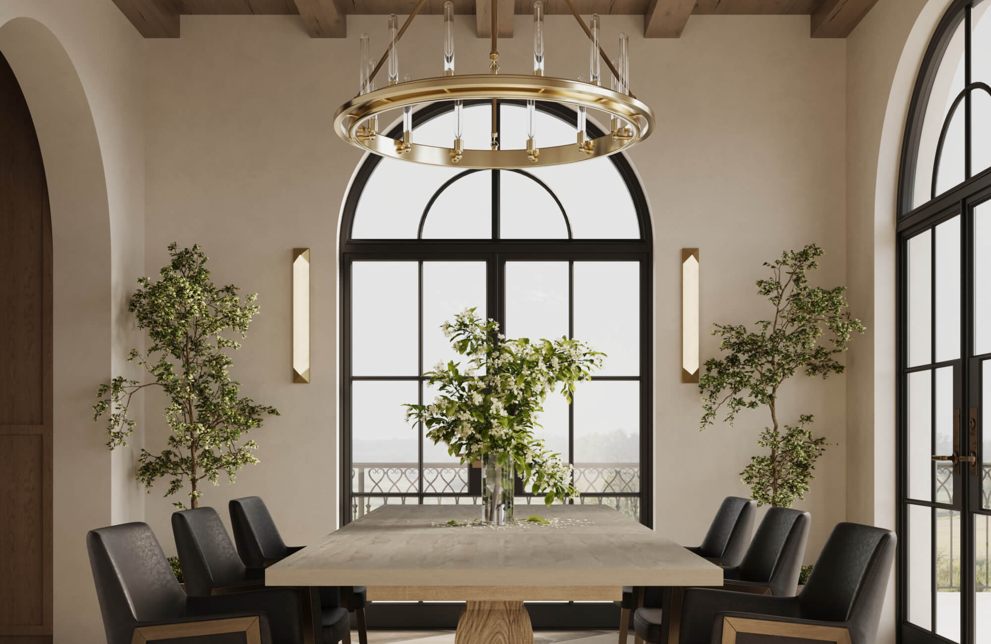 Luxurious dining room lighting features a large circular brass chandelier with vertical glass rod accents suspended above the table, creating a striking focal point that complements the room’s grand architecture and warm, refined ambiance.