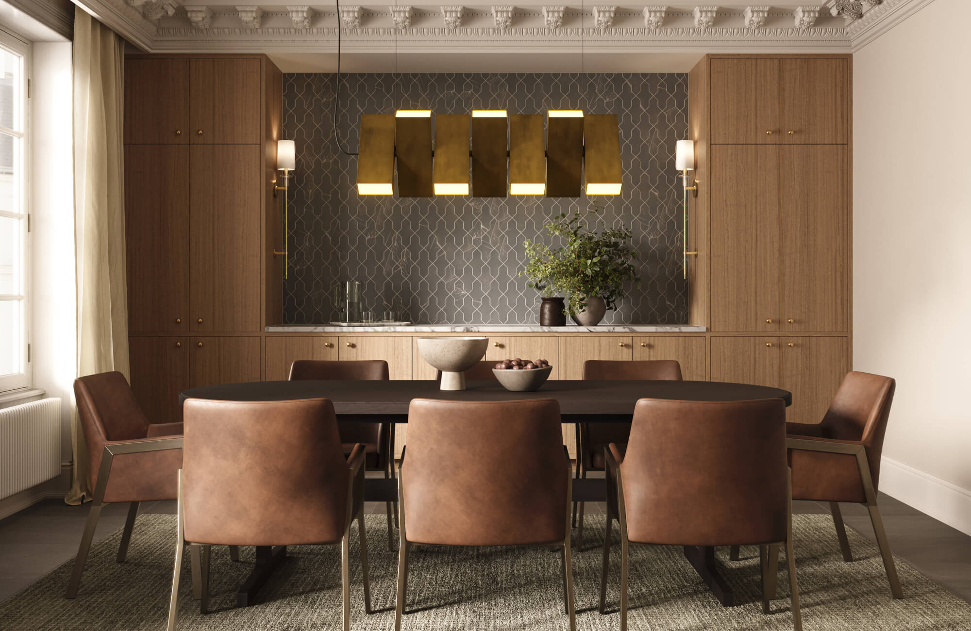 Elegant dining room lighting features a bold linear brass pendant chandelier with sculptural rectangular panels suspended above the table, casting warm ambient light that enhances the room’s modern sophistication.