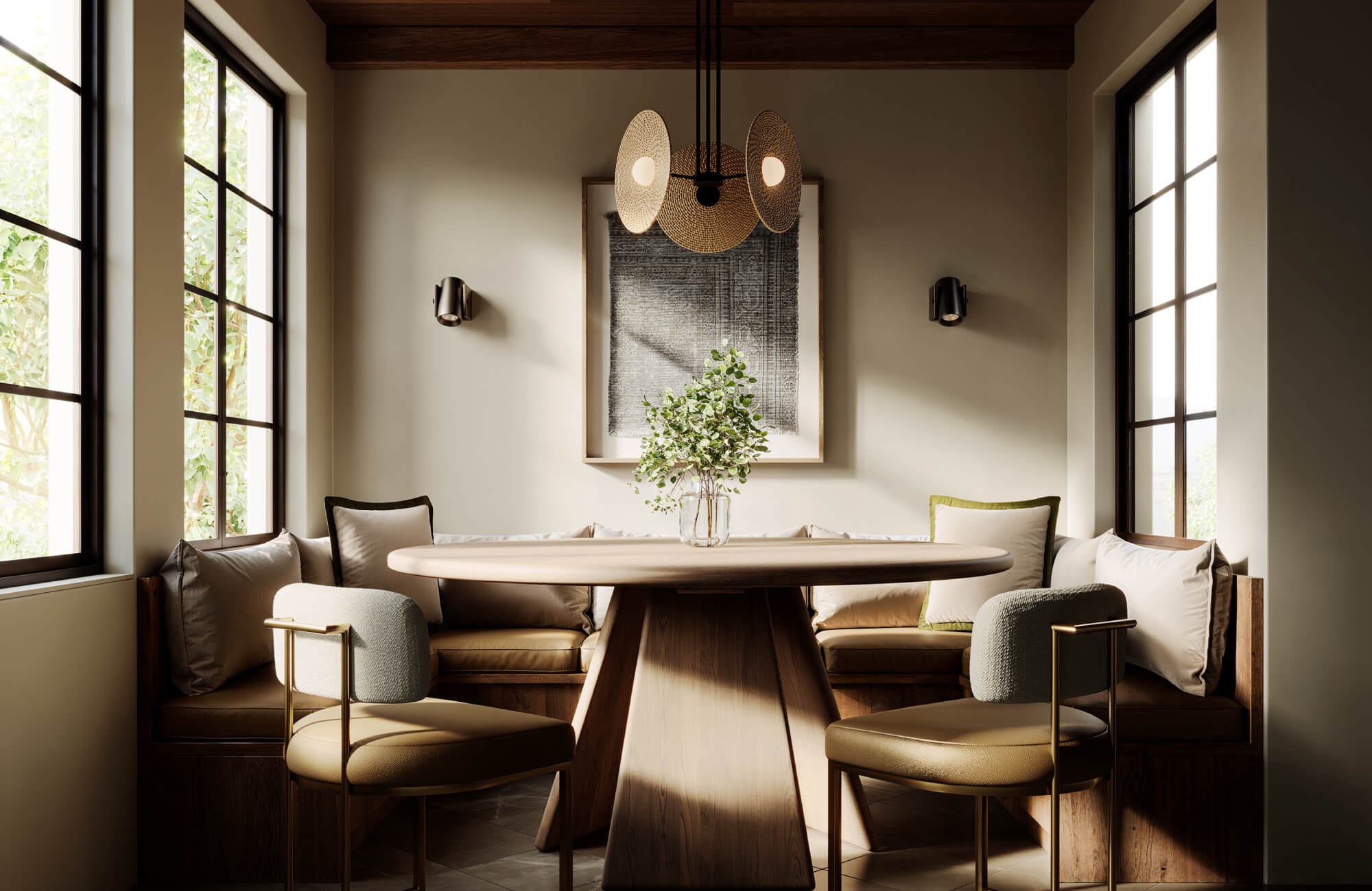 Warm dining room lighting is showcased through a sculptural woven pendant chandelier with layered disc shades, casting a soft, inviting glow that enhances the cozy, natural elegance of the space.