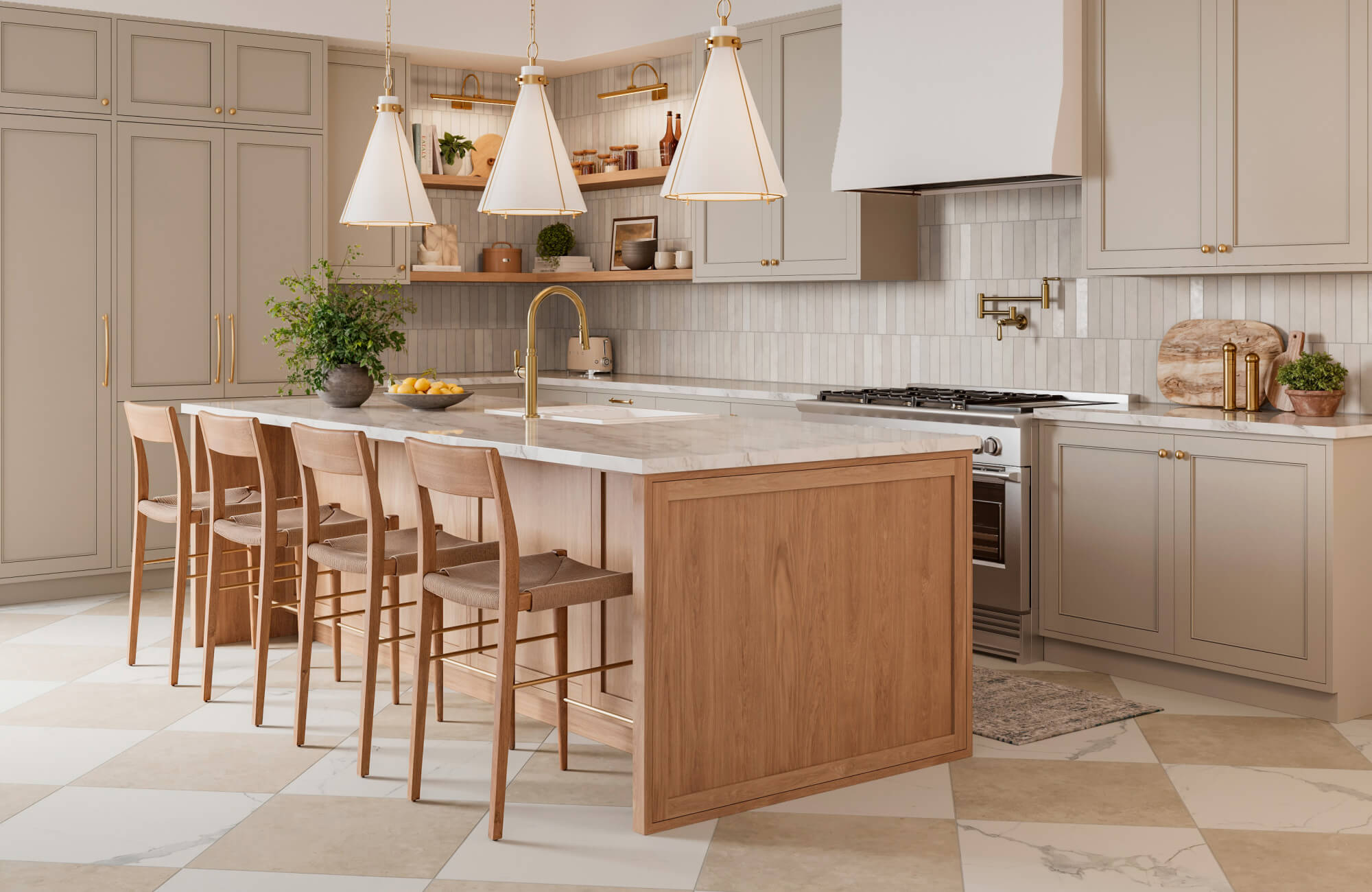 Soft dining room lighting is created by a trio of tapered white fabric pendant lights suspended above the island, offering warm, even illumination that enhances the kitchen’s refined, transitional elegance.