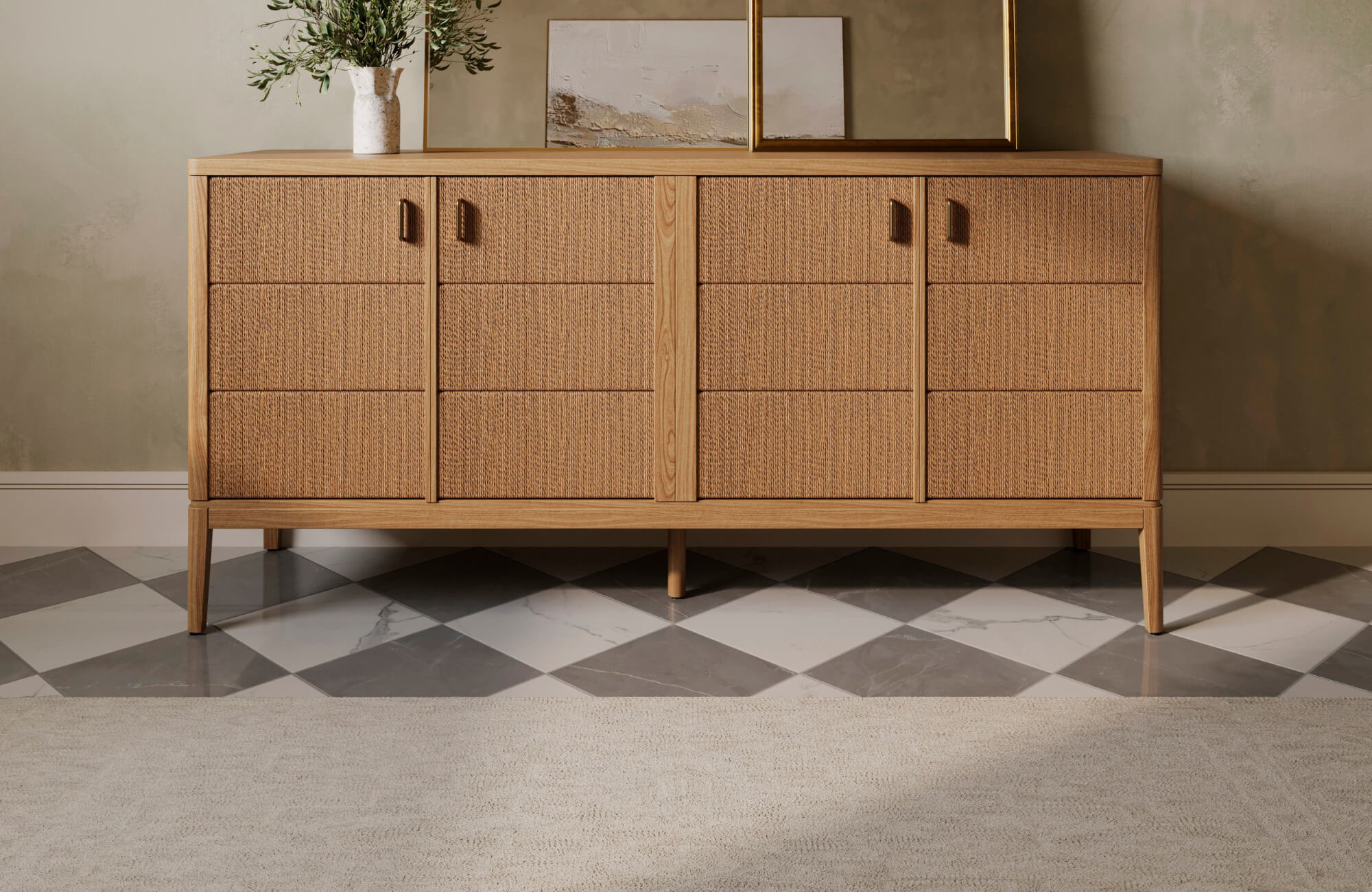 null A textured neutral rug placed beneath a wooden sideboard with a modern checker-patterned floor, adding warmth to the refined interior.