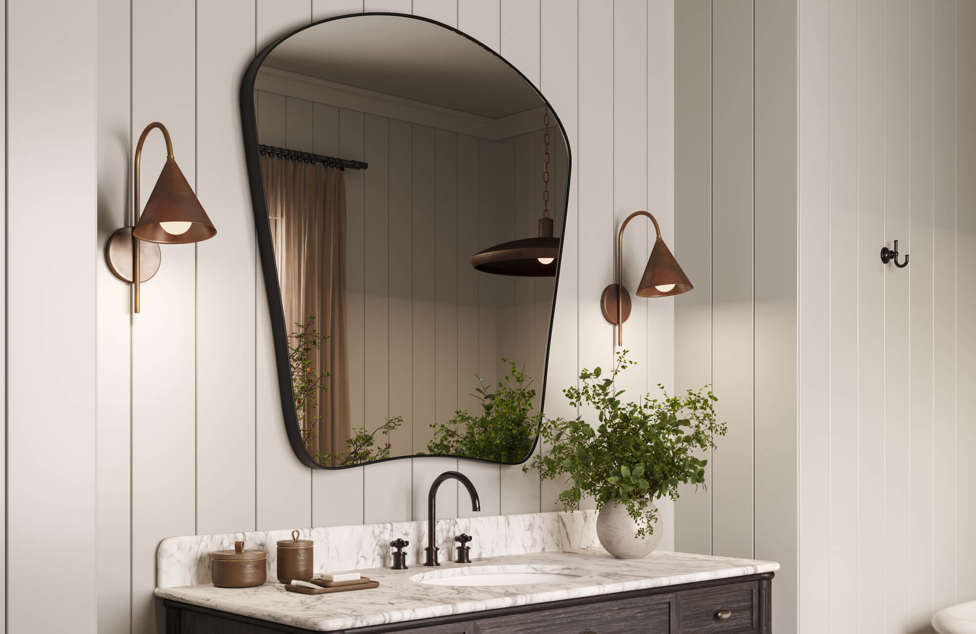 null Bathroom vanity with a unique black-framed mirror, marble countertop, and warm wall sconces, adding contrast to minimalist panel walls.