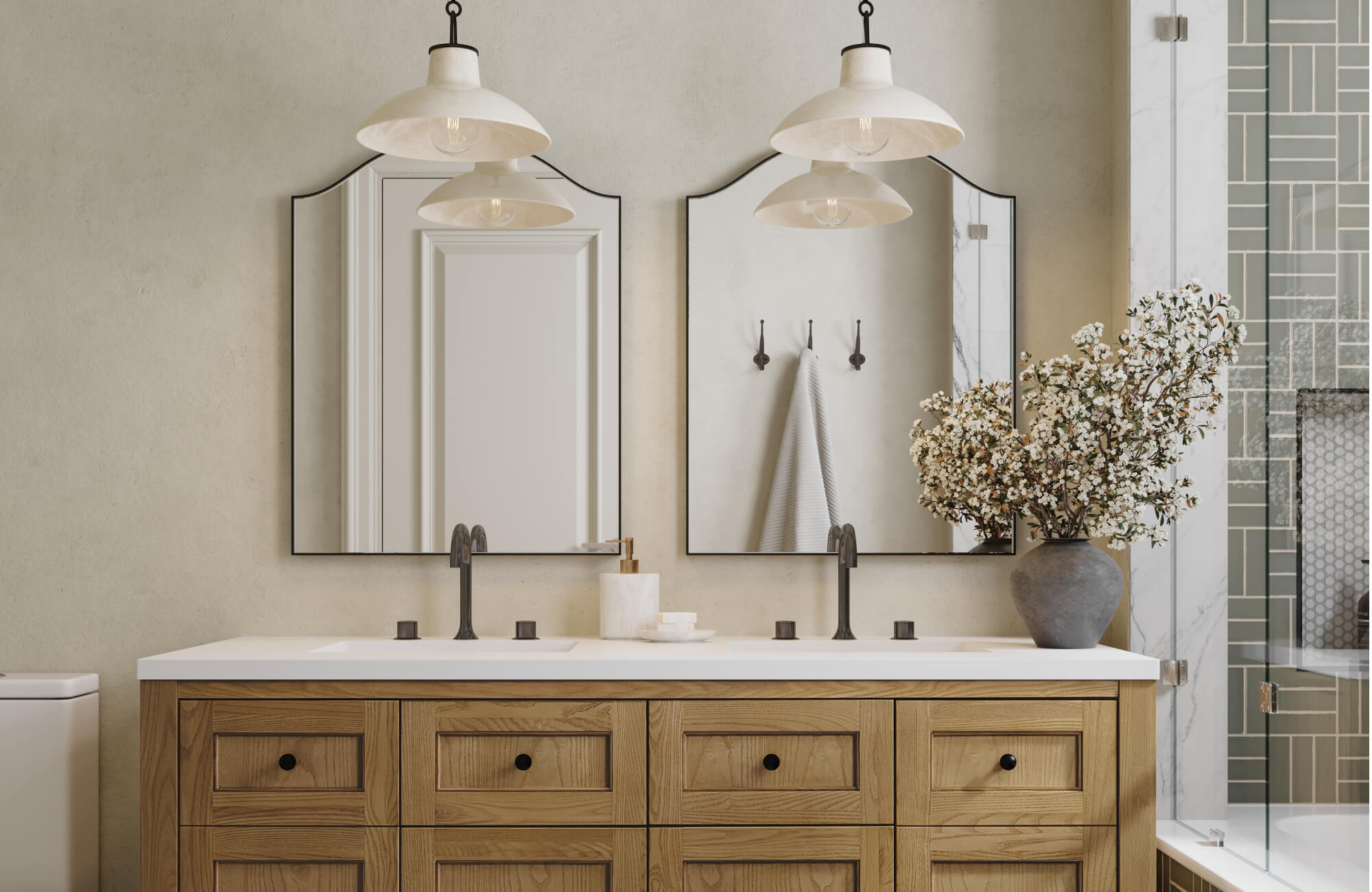 null Double bathroom vanity with wood cabinetry, paired with twin black-framed mirrors and modern pendant lights for a clean, minimalist look.