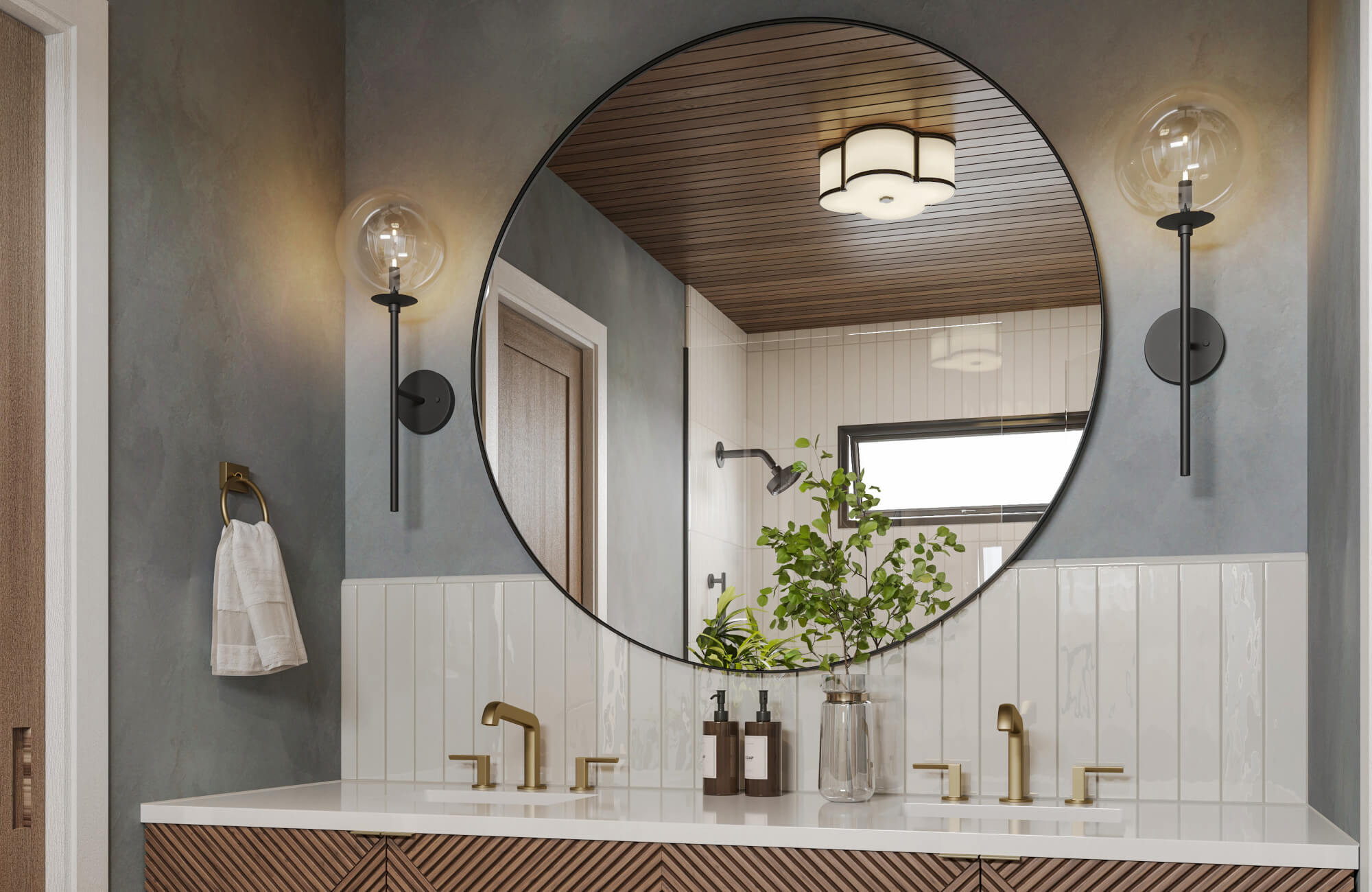 null Large round black-framed mirror above a modern vanity with brass faucets and glass sconces in a minimalist bathroom.
