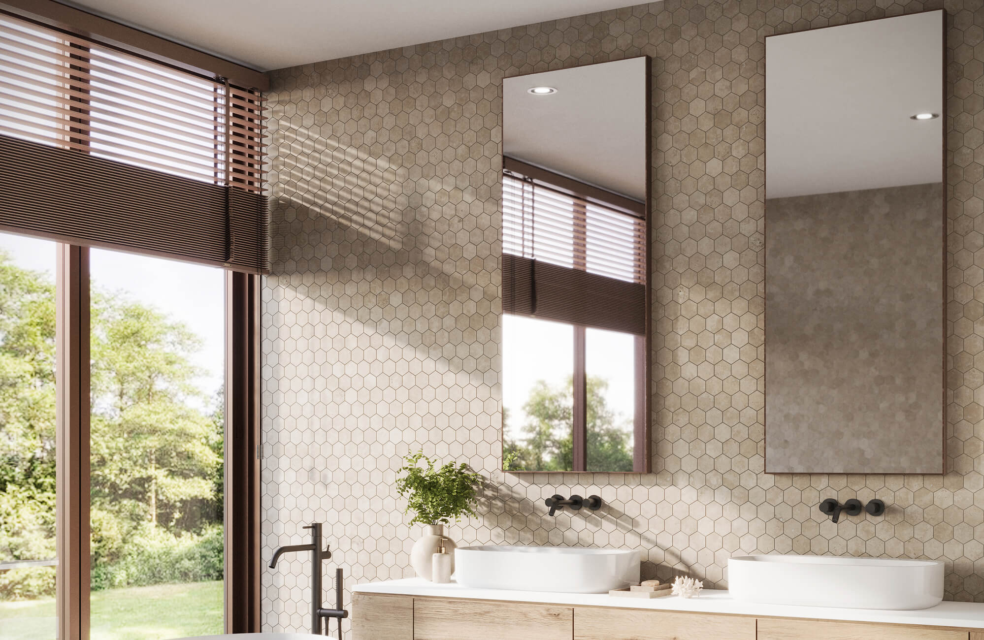 null Bright bathroom with twin sinks and a large bathroom mirror set against a hexagon-tile wall, reflecting natural light from wide windows.