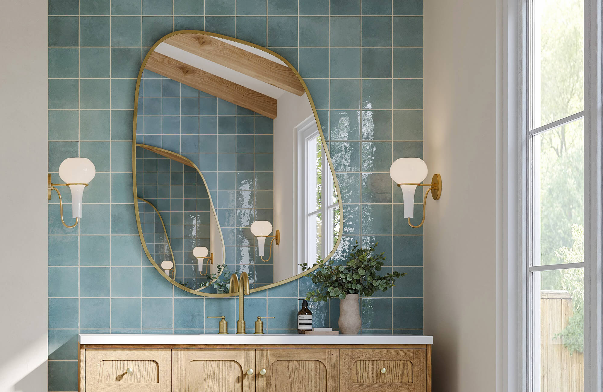 null Elegant large bathroom mirror with an organic gold frame, blending modern artistry with timeless sophistication.