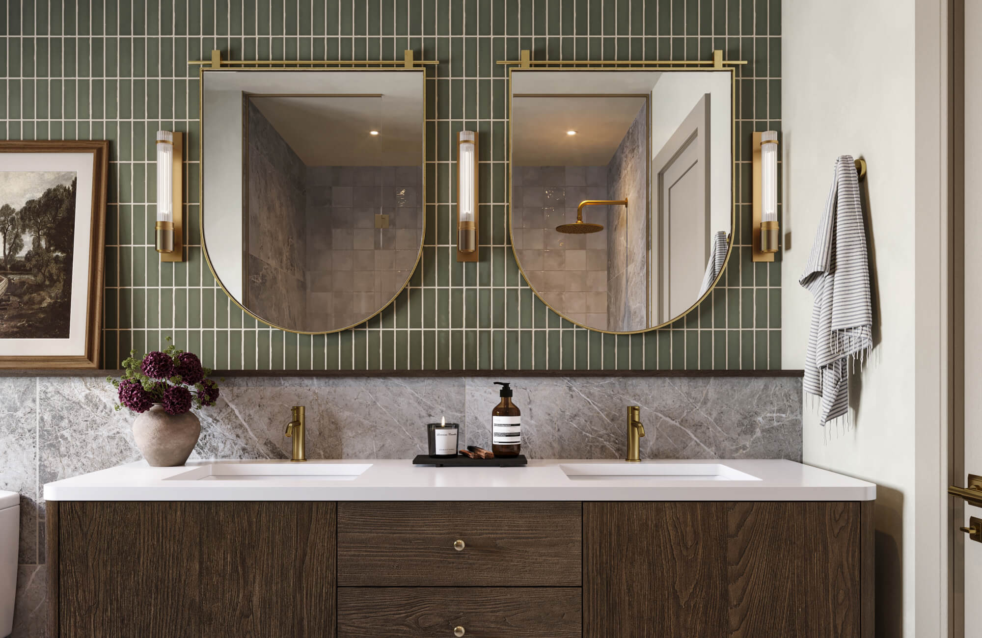 null Serene bathroom with a large bathroom mirror in an arched frame, paired with warm sconces and a natural wood vanity for timeless elegance.