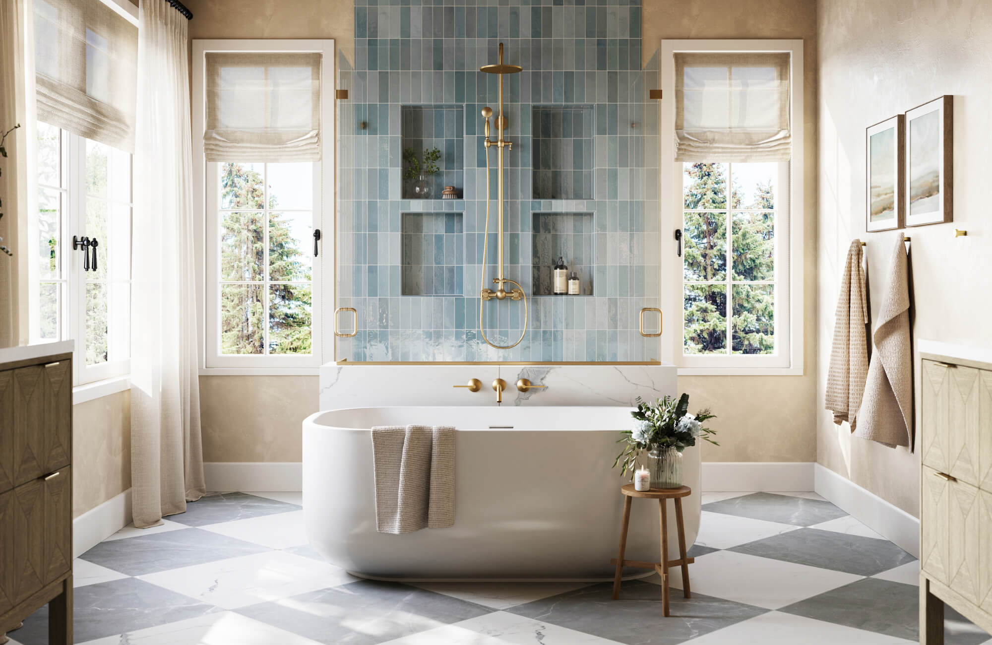 Bright bathroom with freestanding tub, blue vertical shower tiles, gold fixtures, large windows, and geometric marble floor.