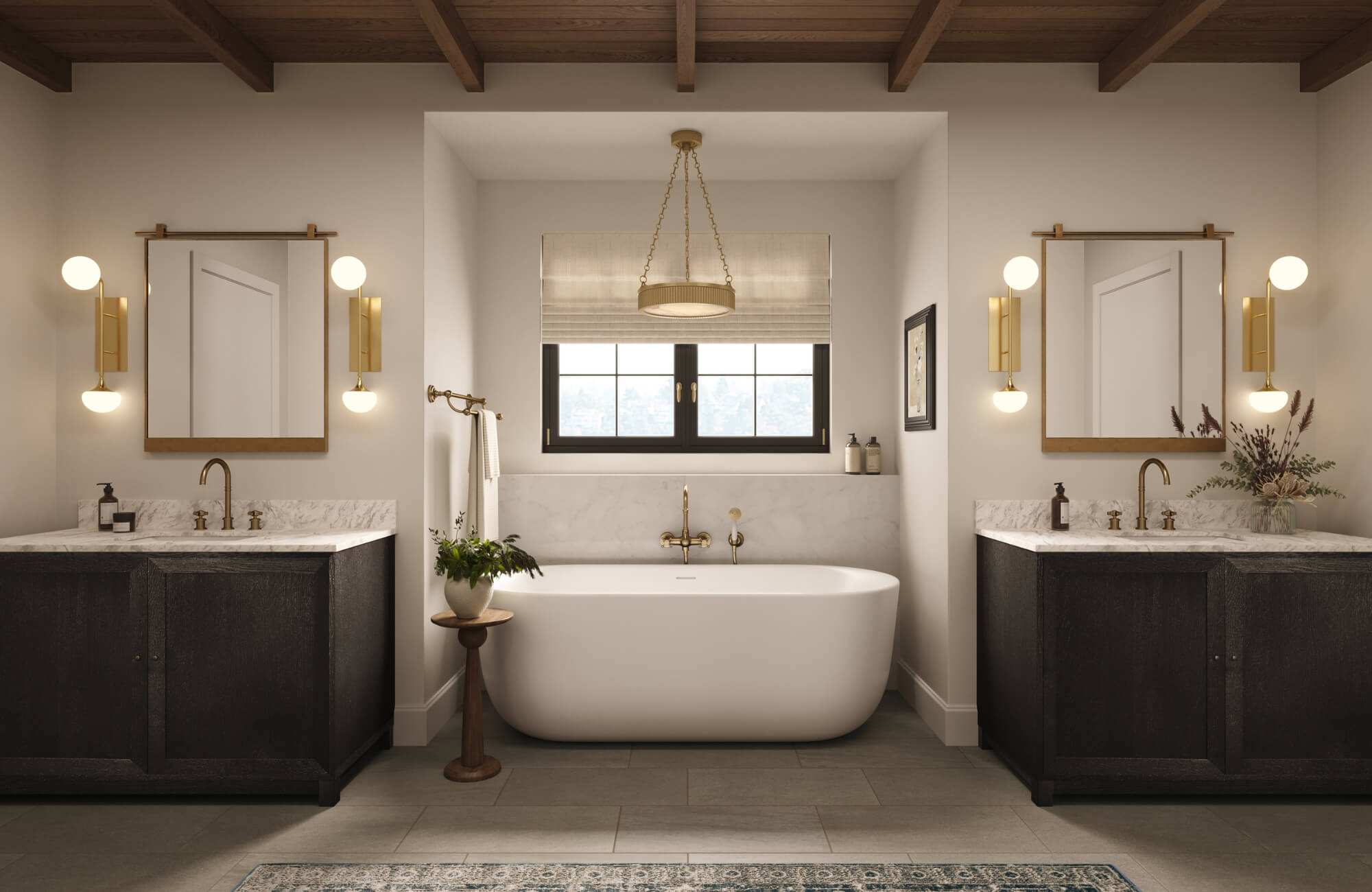 Elegant bathroom with freestanding tub, dual vanities, gold fixtures, marble countertops, and warm lighting under wood beam ceiling.