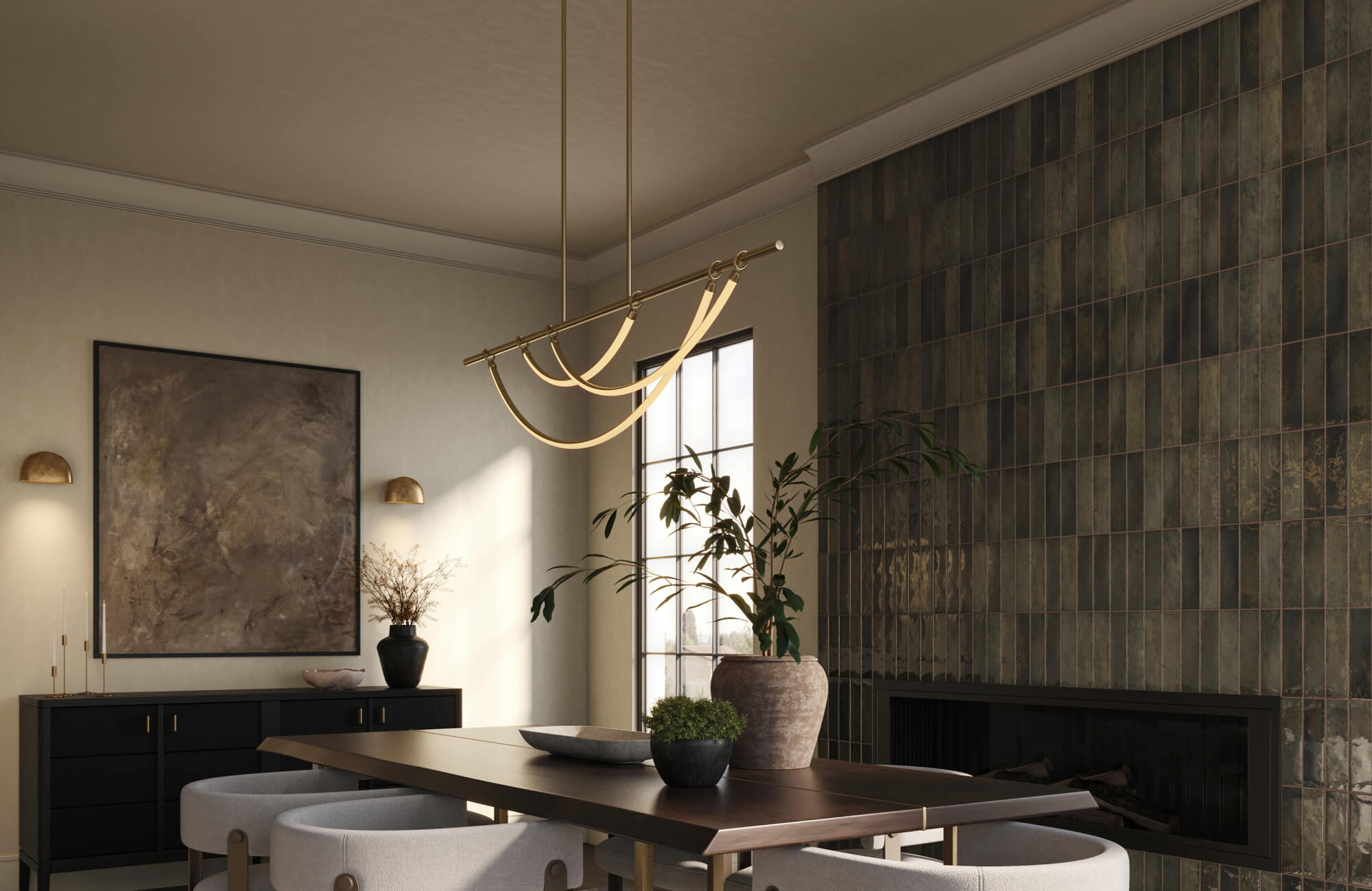null Contemporary dining room with a sculptural LED chandelier, moody vertical tile fireplace, and a dark wood table with neutral chairs.