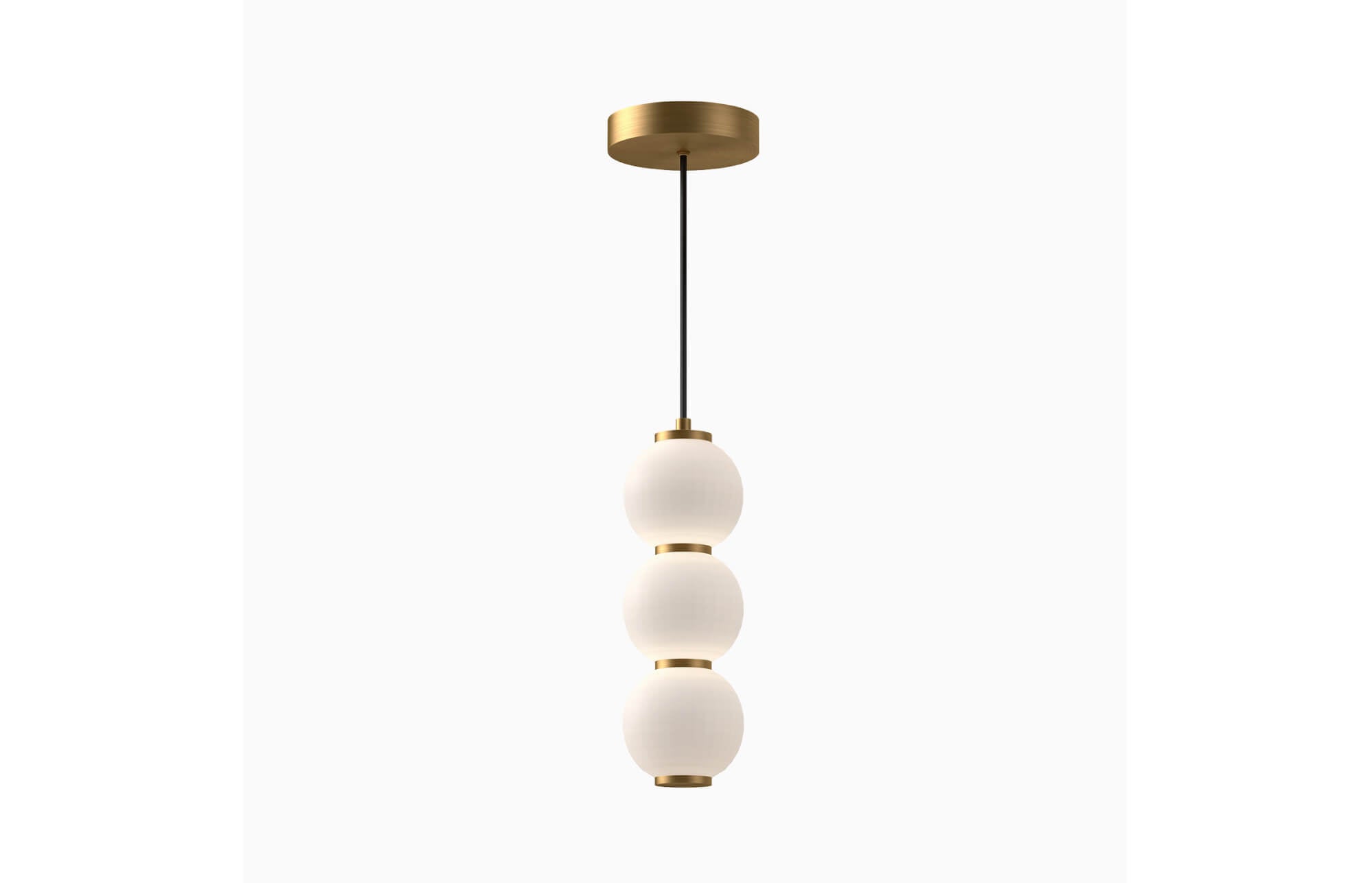 null Modern LED pendant light with three stacked frosted glass globes, accented by brass detailing and a minimalist black cord.