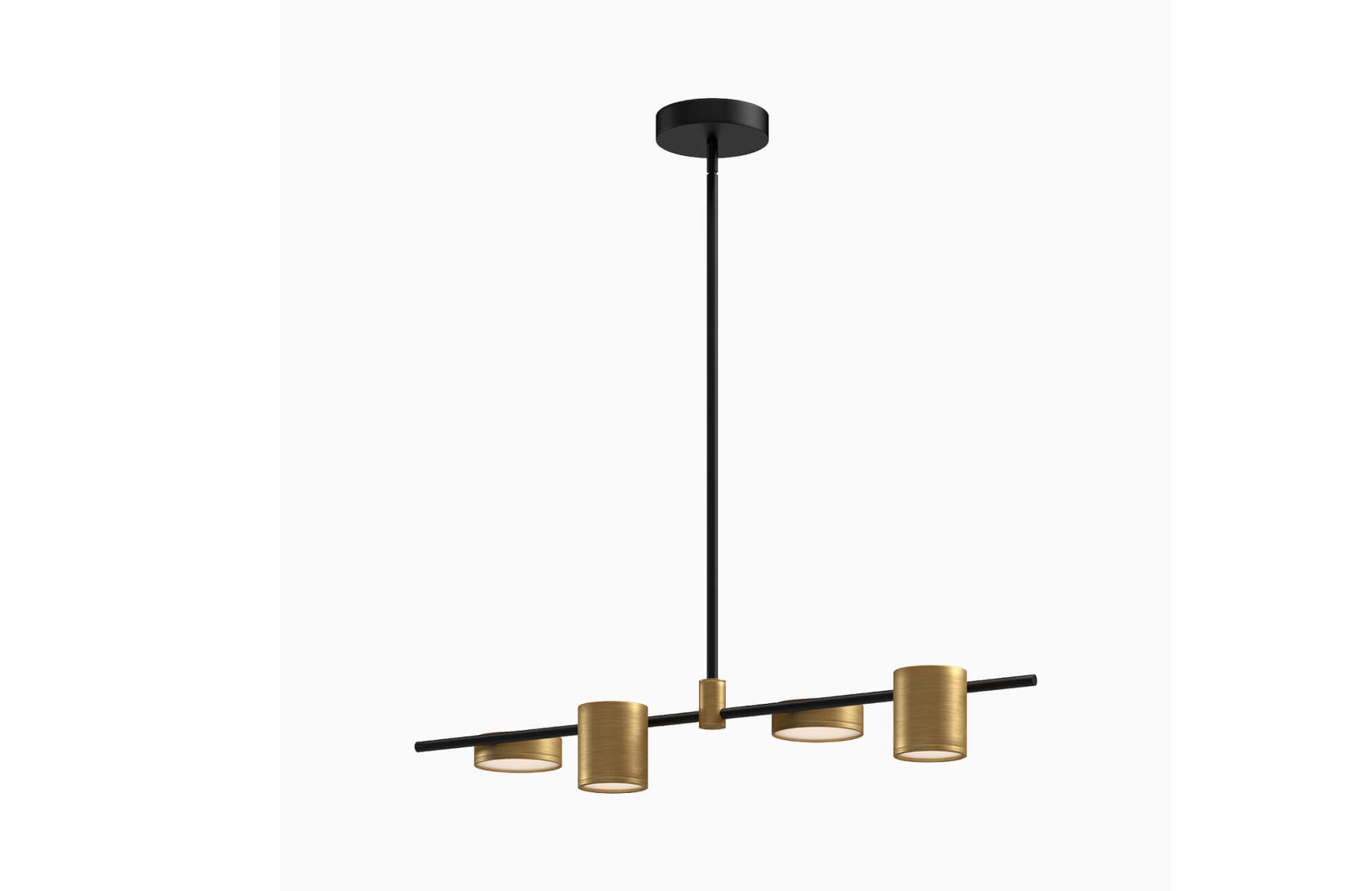 null Sleek LED linear pendant with four cylindrical brass shades on a matte black frame, ideal for modern or industrial interiors.