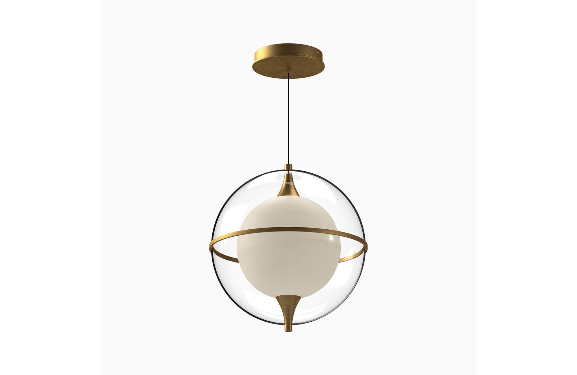 null Sculptural LED pendant light with an opal glass globe encased in a clear glass sphere, accented by elegant brass detailing.